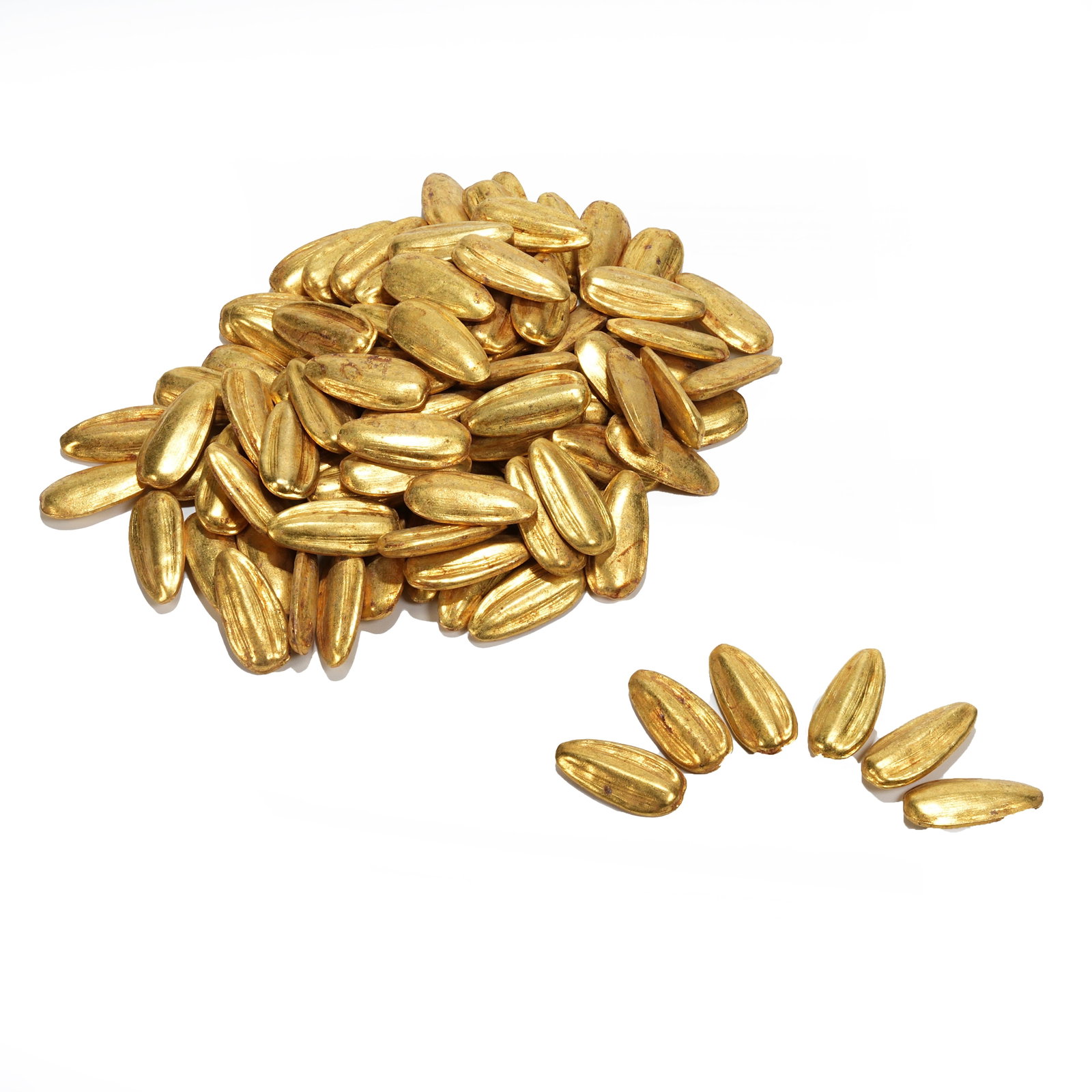 ONE HUNDRED GOLDEN MELON BEADS QING DYNASTY: These golden melon seeds are exquisitely crafted in full simulation of real sunflower seeds with smoothly polished glossy surfaces and solid texture. Each piece is uniform in size, presenting warm gol