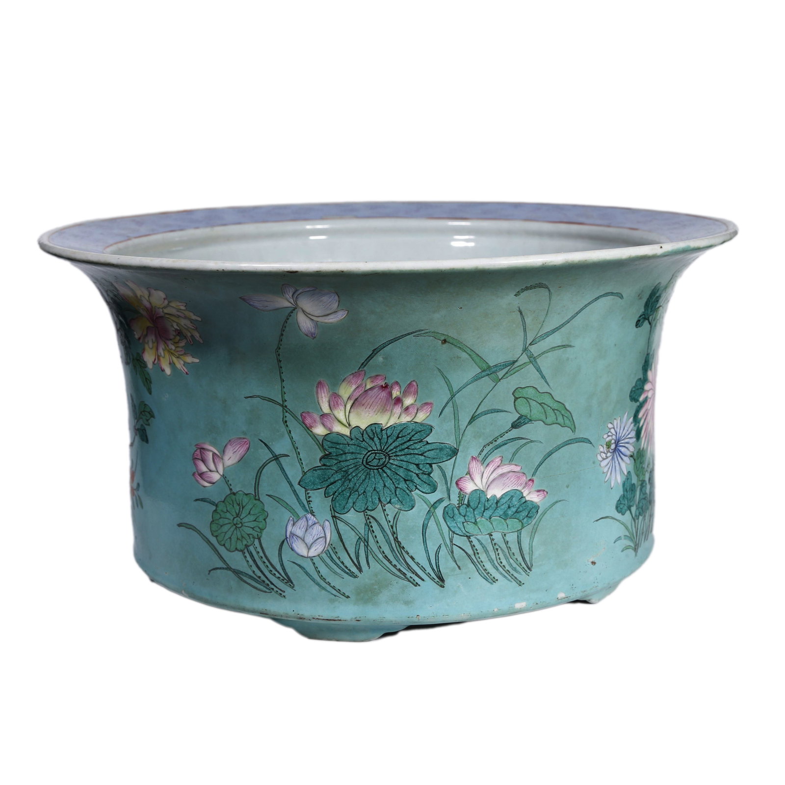 TURQUOISE-GROUND FAMILLE ROSE LARGE FLOWER POT WITH FOUR SEASONS FLORAL PATTERNS QING DYNASTY (1 of 9)