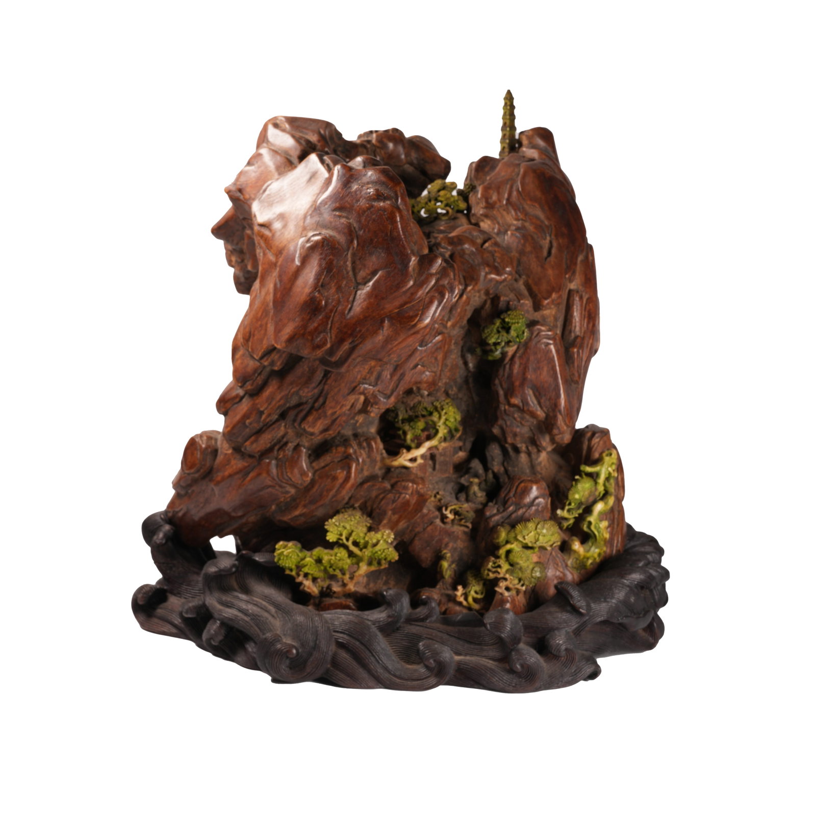 NATURAL-SHAPED AGARWOOD CARVED FIGURE AND ROCK ORNAMENT QING DYNASTY: This ornament is a precious imperial study furnishing of the Qing Dynasty. Elaborately crafted by openwork and round carving from a single piece of superior Qinan agarwood, it is designed into a layer