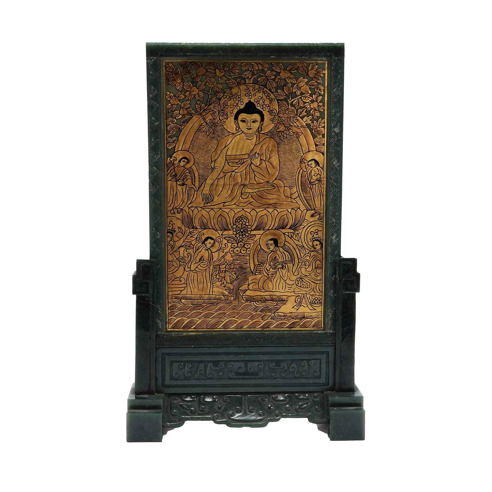 HETIAN JASPER GILT SCREEN WITH SAKYAMUNI BUDDHA PATTERN: This double-sided gilded table screen made of Hetian jasper of the Qing Dynasty is a fine imperial study ornament with different themes decorated with gilding craft on both sides. The whole screen is 