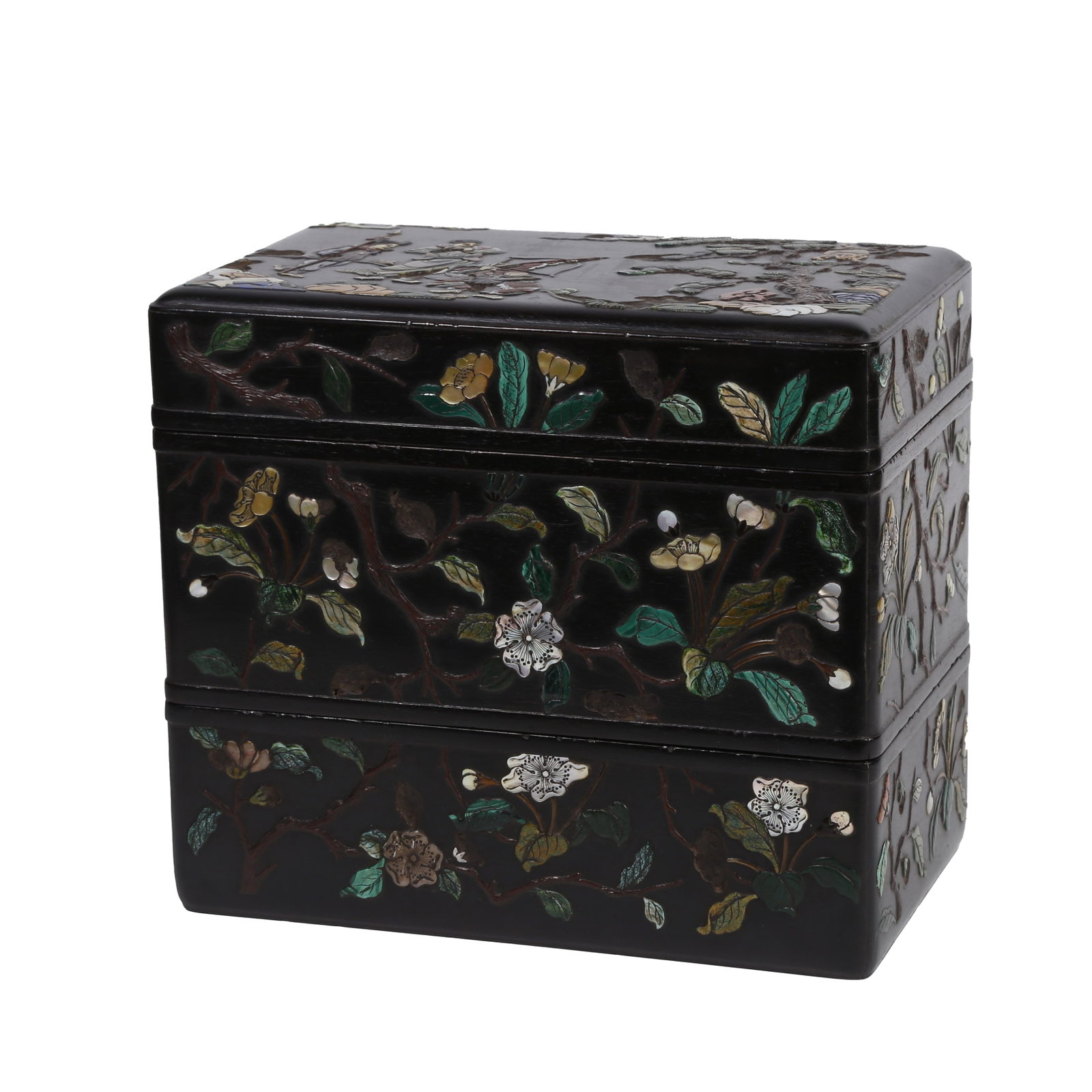 RED SANDALWOOD GEM-INLAID THREE-LAYER COVERED BOX WITH FIGURE AND FLORAL PATTERNS QING DYNASTY: This is a precious imperial study artifact of the Qing Dynasty. Constructed with red sandalwood body, it is fully decorated with four-season flower patterns by multi-treasure inlay technique and desig