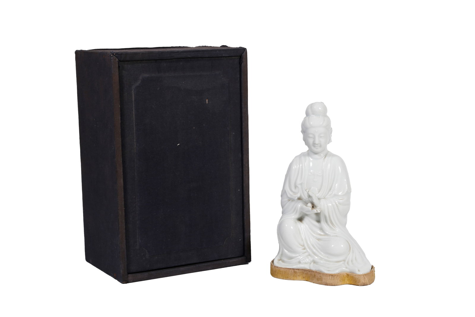 DEHUA KILN WHITE GLAZED SITTING GUANYIN STATUE QING DYNASTY: This is a seated white-glazed Guanyin statue from the Dehua Kiln of the Qing Dynasty. It has a solid and fine porcelain body entirely covered with smooth pure white Dehua glaze that is as lustrous