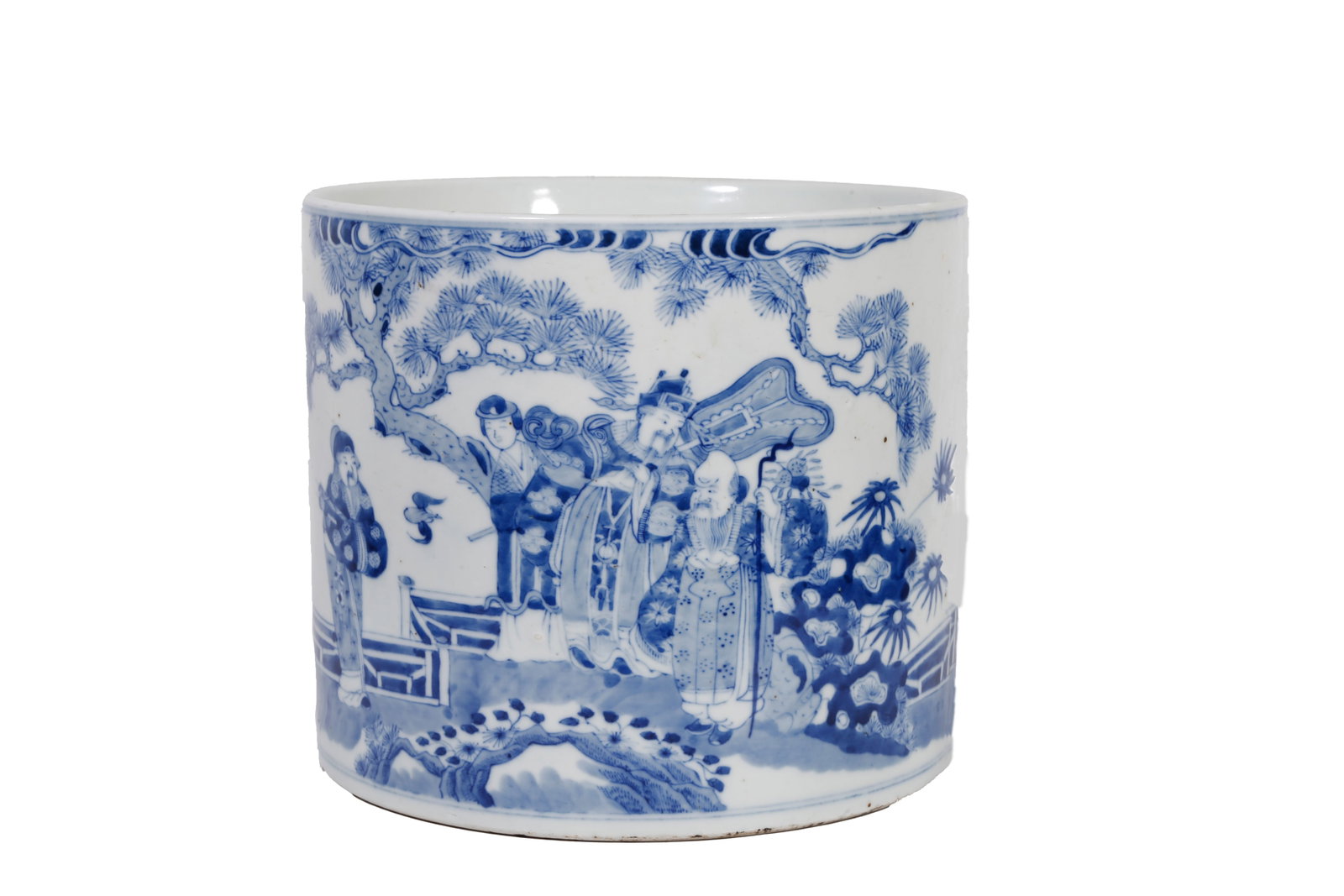 BLUE AND WHITE FIGURE STORY LANDSCAPE BRUSH POT DOUBLE CIRCLE MARK QING DYNASTY: This is a Qing Dynasty blue and white brush pot with continuous scenic figure patterns. It features a neat straight cylindrical shape with solid fine body and glossy smooth glaze surface. The outer wa