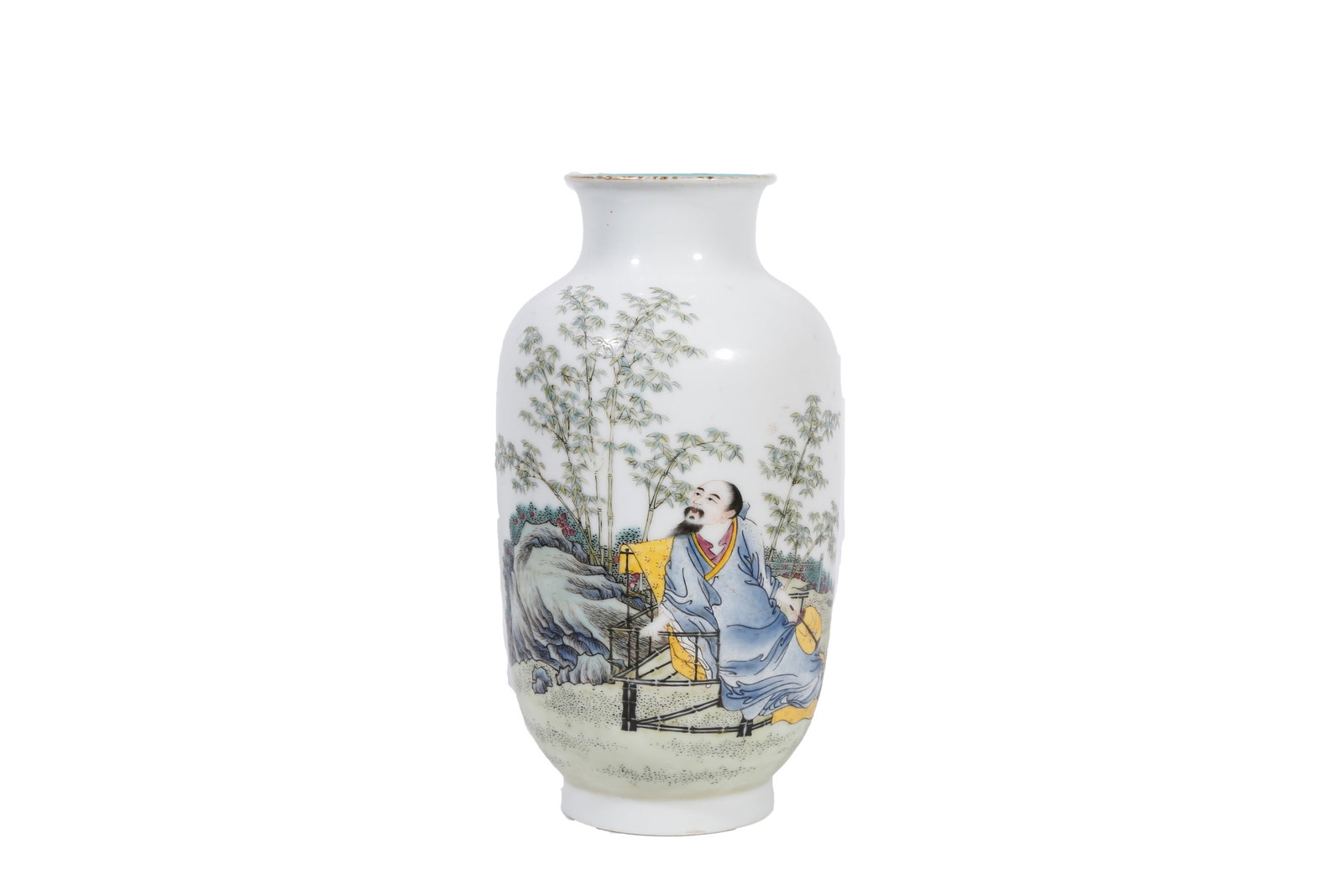HONGXIAN MARK FAMILLE ROSE LANTERN VASE WITH SAGE AND BOY IN BAMBOO GROVE REPUBLIC OF CHINA: This is a famille rose lantern vase of official kiln ware from the Hongxian period of the Republic of China. It features a neat and elegant classic lantern shape with flared mouth, slender neck,