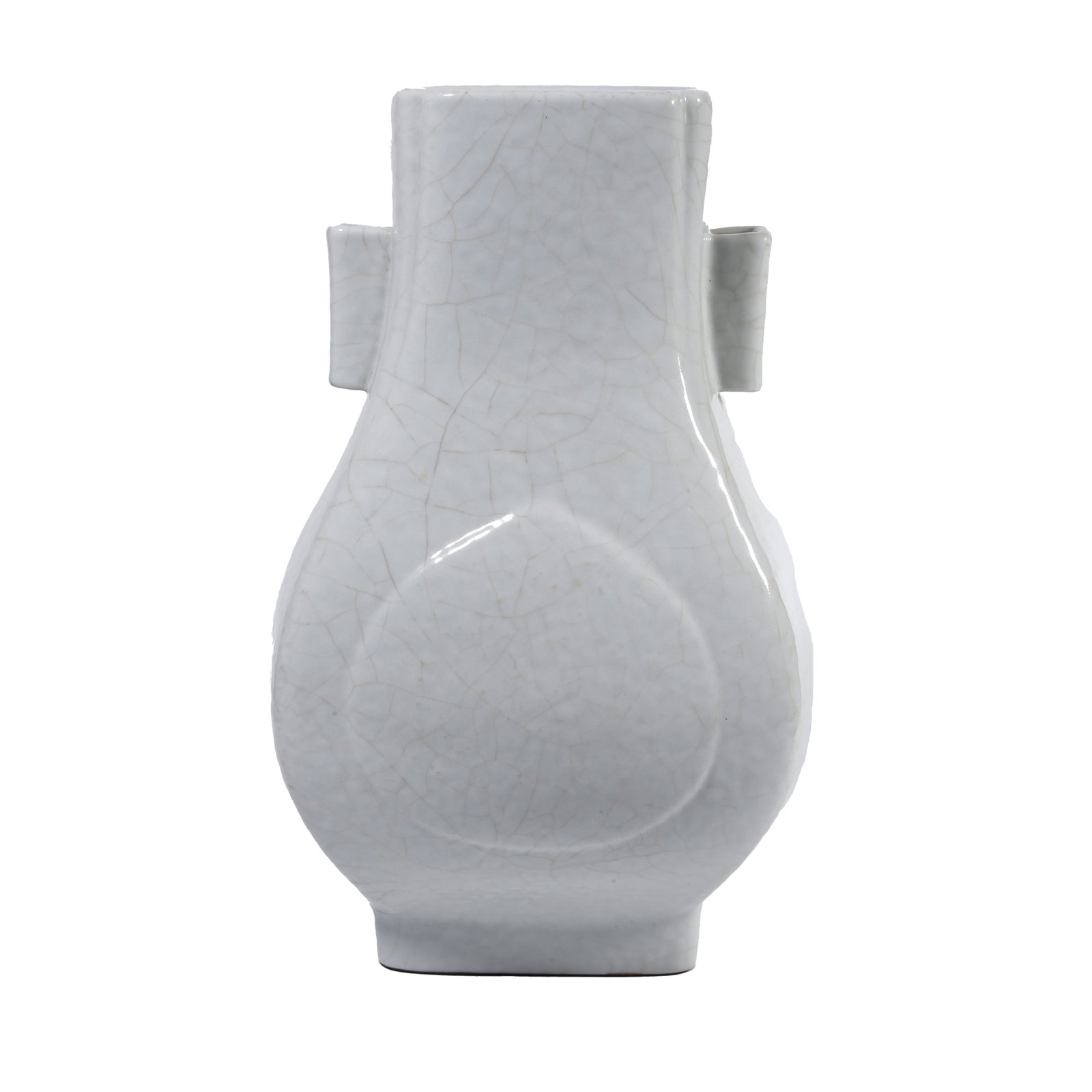 GE KILN SQUARE VASE WITH PIERCED EARS QING DYNASTY: This is a Qing Dynasty Ge-glazed square vase with tubular ears, a classic precious ware in official kiln style of Ming and Qing dynasties. It is designed in standard flat square form with a pair of