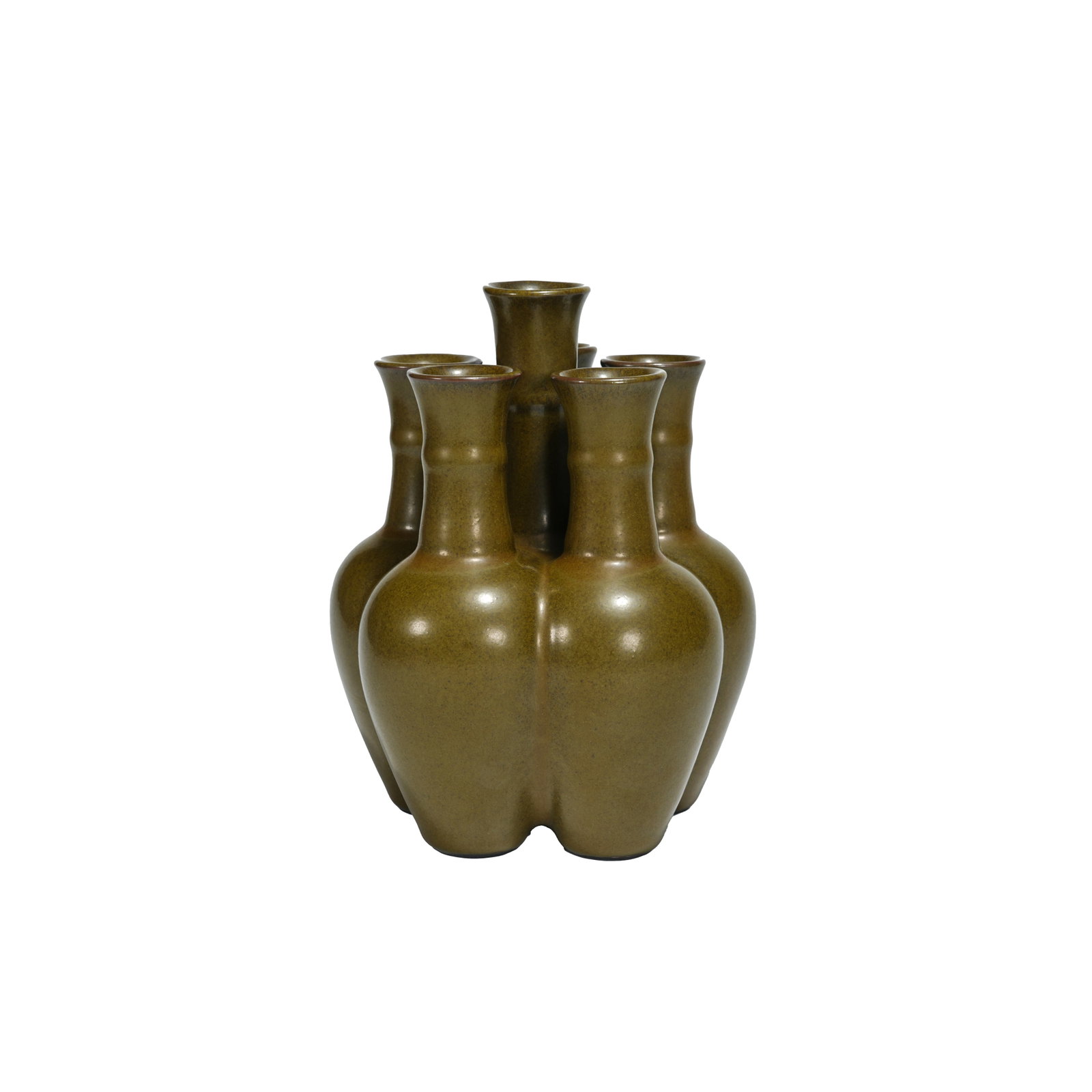 QIANLONG PERIOD TEA-DUST GLAZED COMBINED SIX-JOINT VASE QING DYNASTY: This is an olive-green glazed combined six-tube vase fired by the imperial kiln in the Qianlong reign of the Qing Dynasty. The entire vessel is covered with olive-green glaze which is mild and mellow