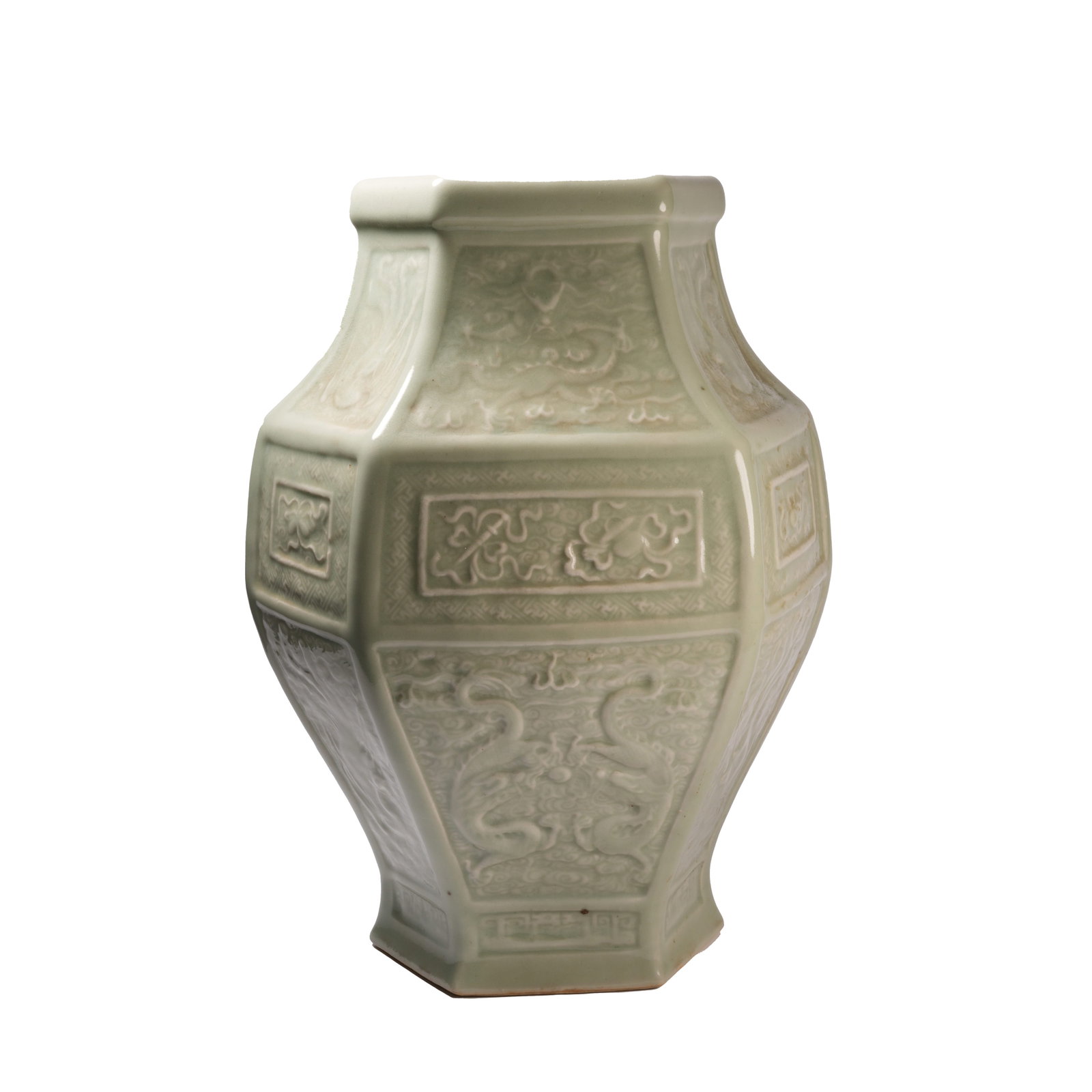 LONGQUAN CELADON HEXAGONAL JAR WITH CLOUD DRAGON PATTERN QING DYNASTY (1 of 10)