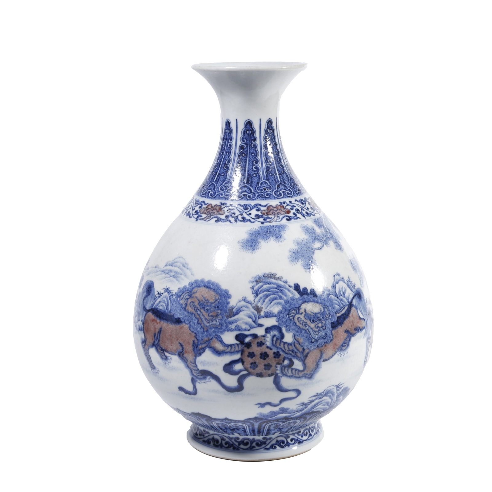 BLUE AND WHITE UNDERGLAZE RED PEAR-SHAPED VASE WITH LION PATTERN QING DYNASTY: This vase was fired in the official kiln of the Qing Dynasty. It is crafted in the standard pear-shaped vase form with smooth and full flowing lines. The body is painted with blue and white underglaze