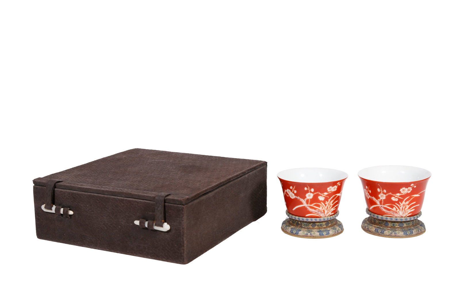 DAOGUANG PERIOD CORAL RED GLAZED HORSESHOE CUP WITH PLUM BLOSSOM AND POEM DESIGN PAIR QING DYNASTY: This pair of horseshoe cups are precious Qing Dynasty study porcelains. They feature flared mouths and slanting walls in elegant horseshoe shape with neat concise lines and dignified regular forms. Fu