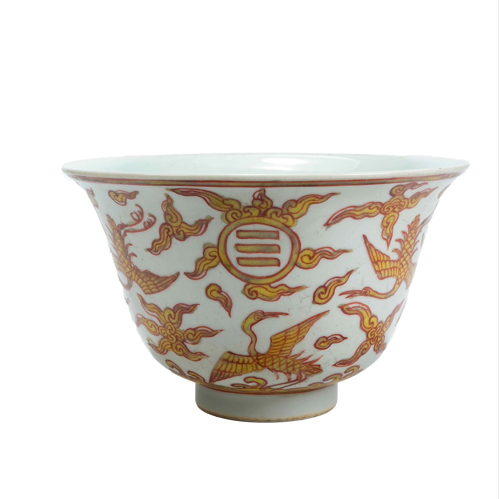 JIAJING PERIOD YELLOW-GROUND IRON-RED FLARED BOWL WITH CLOUD CRANE AND EIGHT TRIGRAMS PATTERN MING (1 of 9)