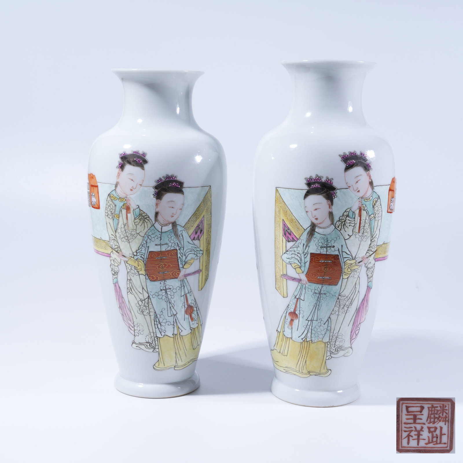 A SET OF FAMILLE ROSE GUANYIN VASES WITH TUTORIAL SCENE PATTERN: Set of Famille Rose Guanyin Vases with Tutorial Scene Pattern