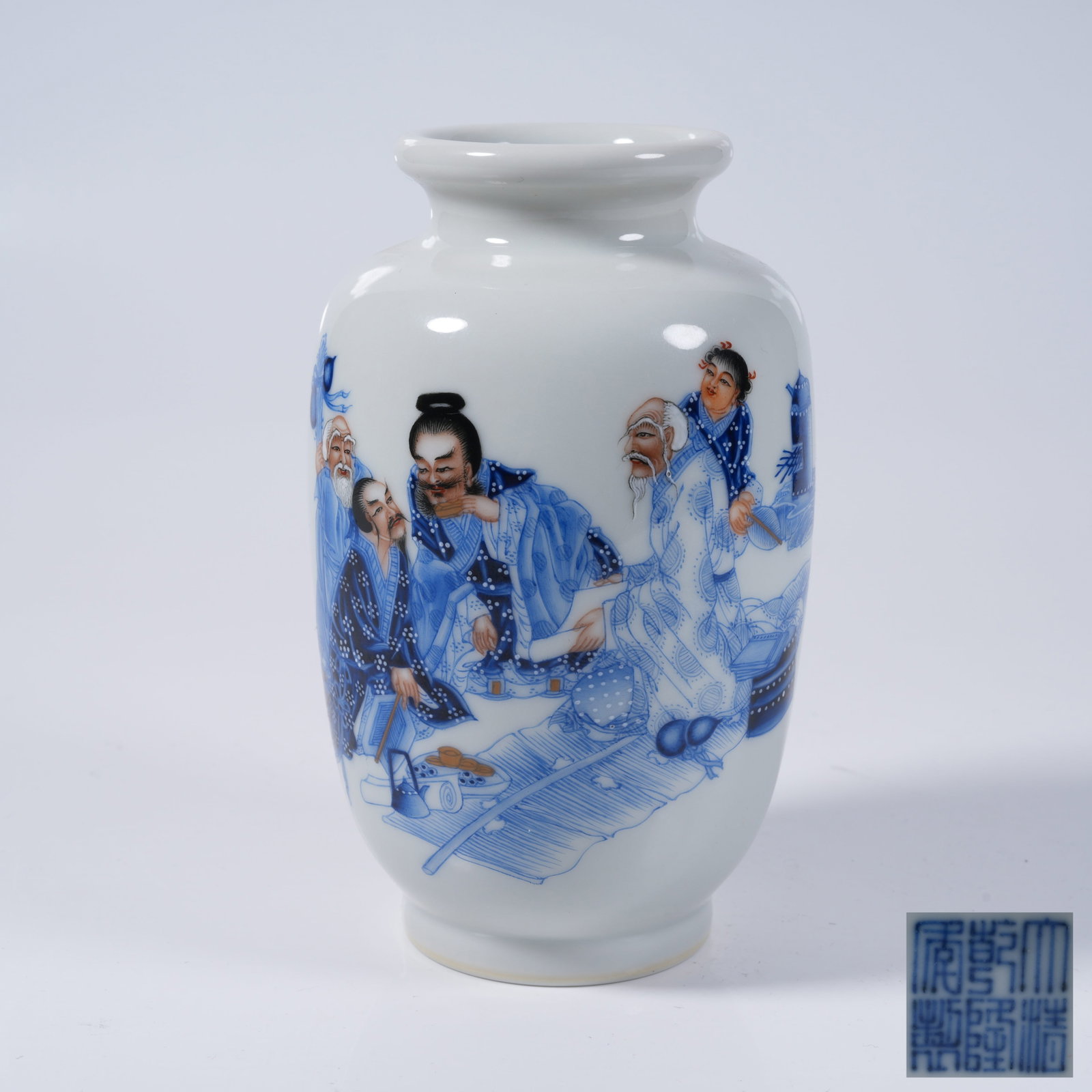 A BLUE AND WHITE SMALL VASE WITH FIGURE STORY PATTERN: Blue and White Small Vase with Figure Story Pattern