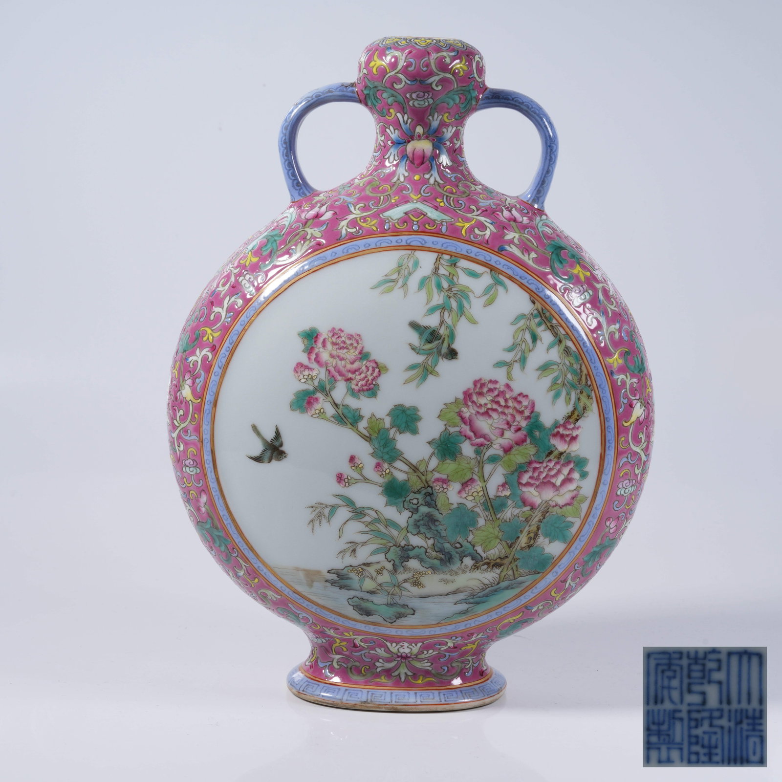 A MOON FLASK WITH RIBBON EARS AND FLOWER AND BIRD PATTERN IN FAMILLE ROSE (1 of 10)