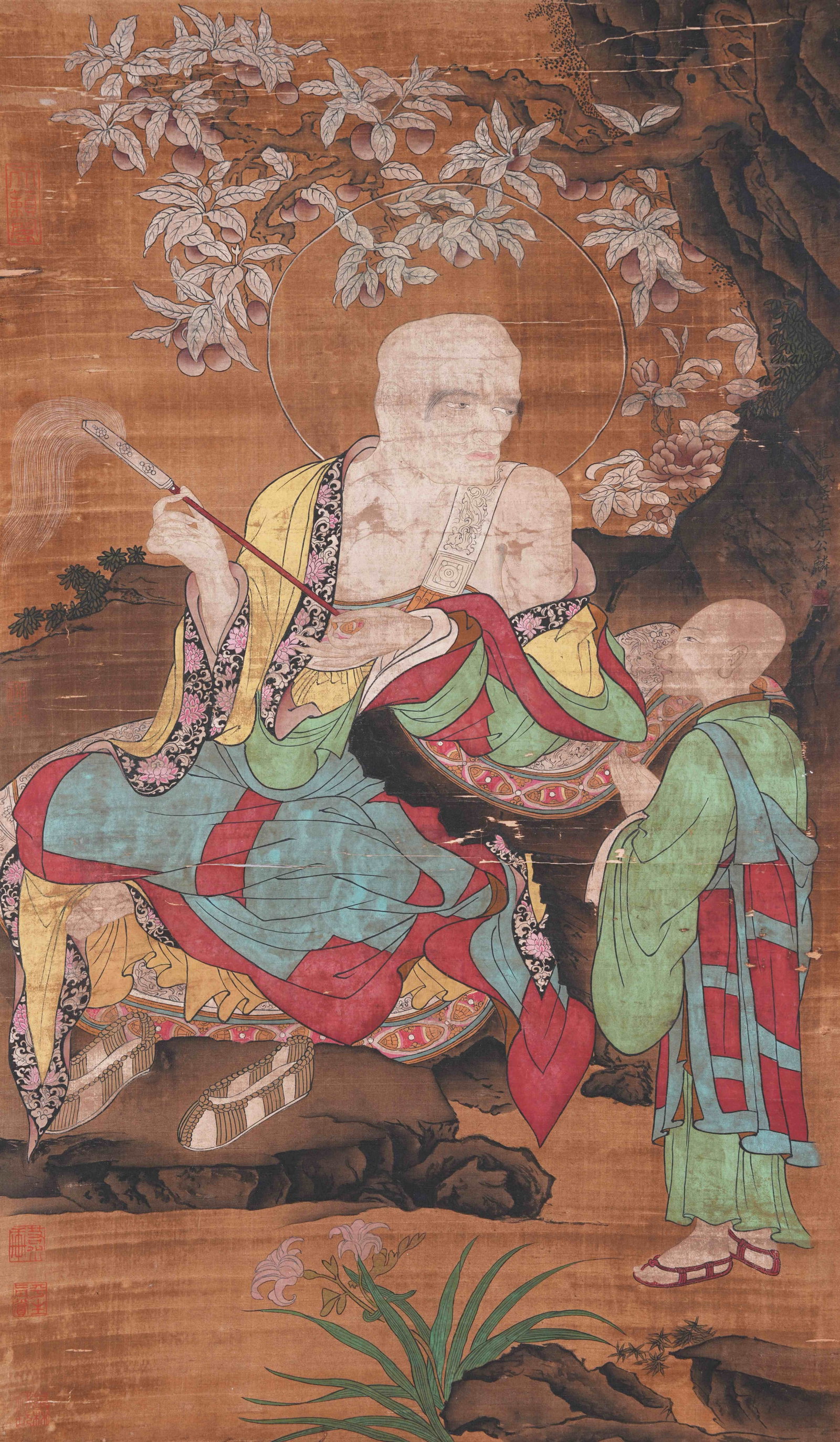 A ARHAT PAINTING ON SILK BY LI GONGLIN.李公麟: Arhat Painting on Silk by Li Gonglin.李公麟