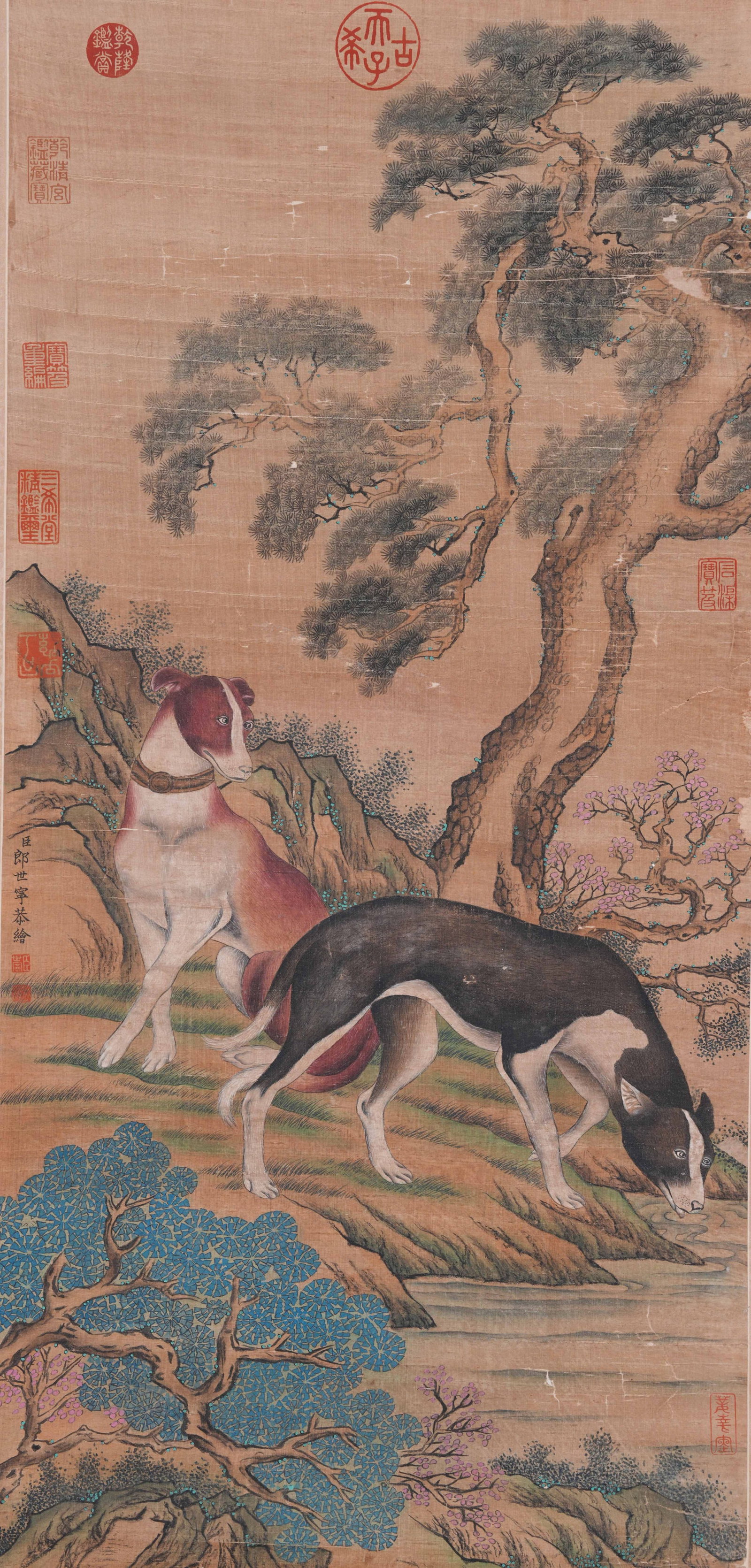 A DOUBLE DOG PAINTING ON SILK BY GIUSEPPE CASTIGLIONE.郎世寧: Double Dog Painting on Silk by Giuseppe Castiglione.郎世寧