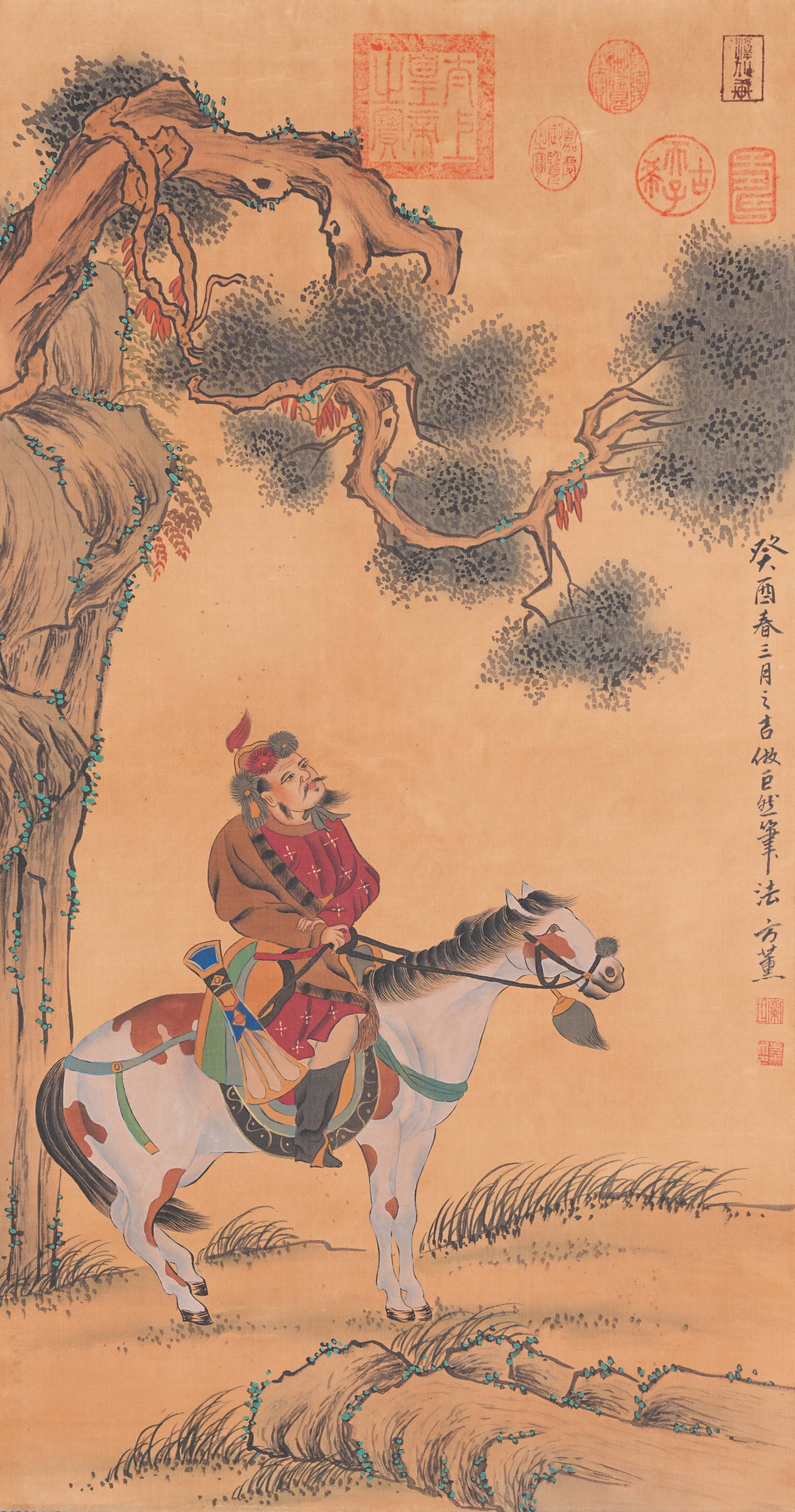 A HORSE AND FIGURE PAINTING ON SILK BY FANG XUN.方薰: Horse and Figure Painting on Silk by Fang Xun.方薰