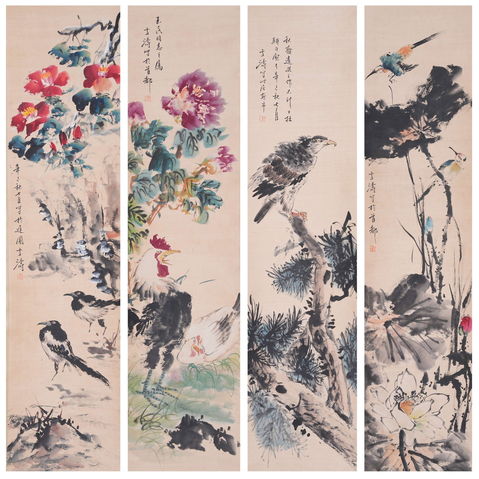 A FLOWER AND BIRD PAINTING ON PAPER BY WANG XUETAO (4 PIECES).王雪濤: Flower and Bird Painting on Paper by Wang Xuetao (4 Pieces).王雪濤