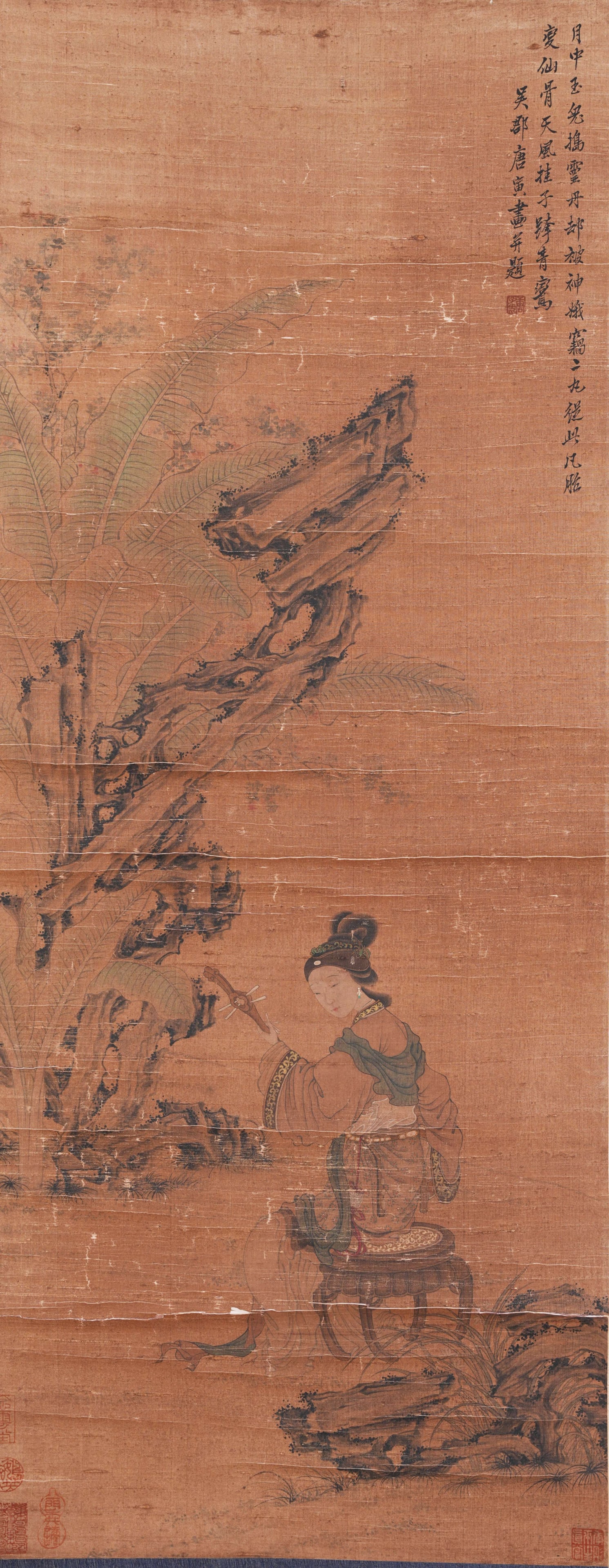 A LADY PAINTING ON SILK BY TANG BOHU.唐伯虎: Lady Painting on Silk by Tang Bohu.唐伯虎