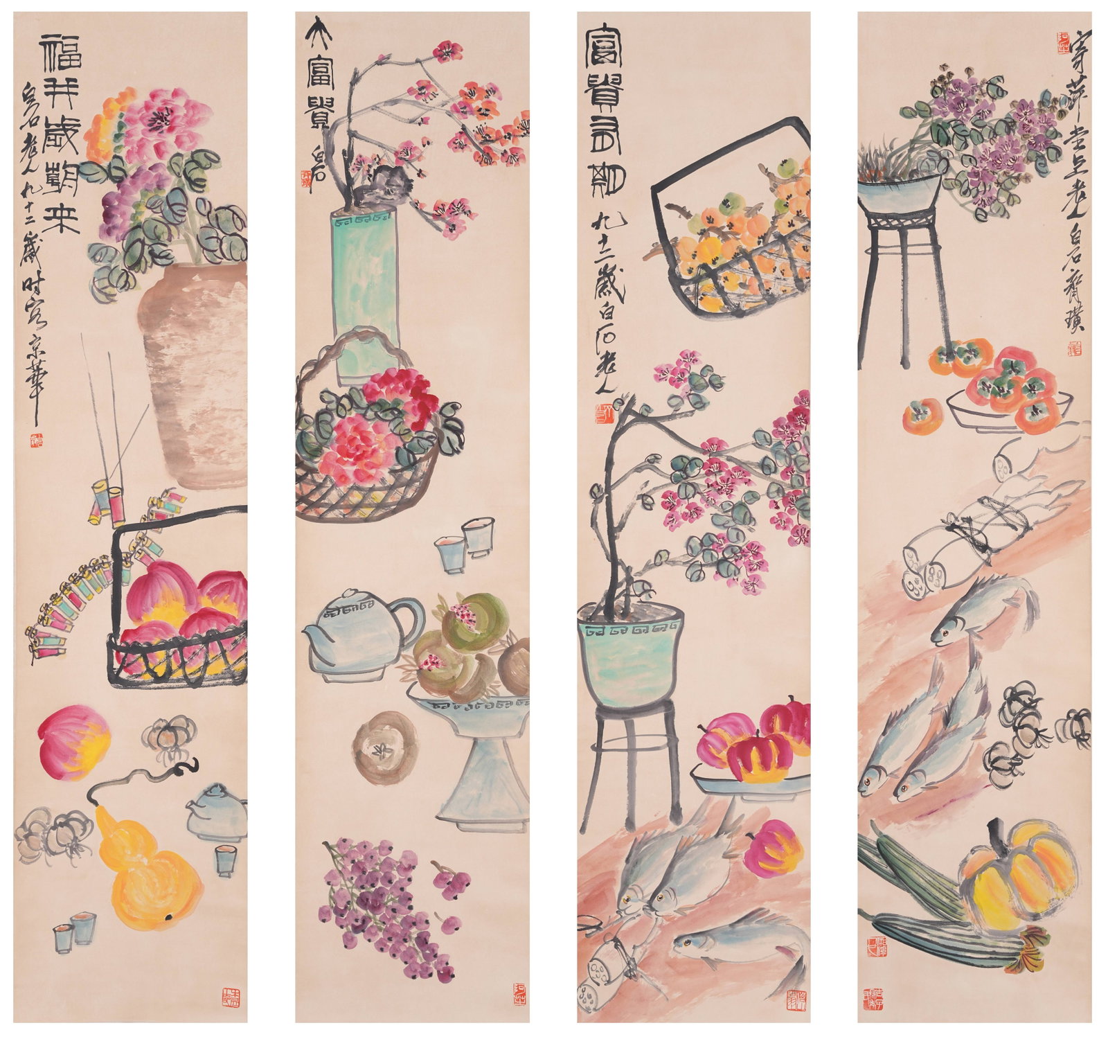 A BIRTHDAY CELEBRATION PAINTING ON PAPER BY QI BAISHI (4 PIECES).齊白石 (1 of 20)