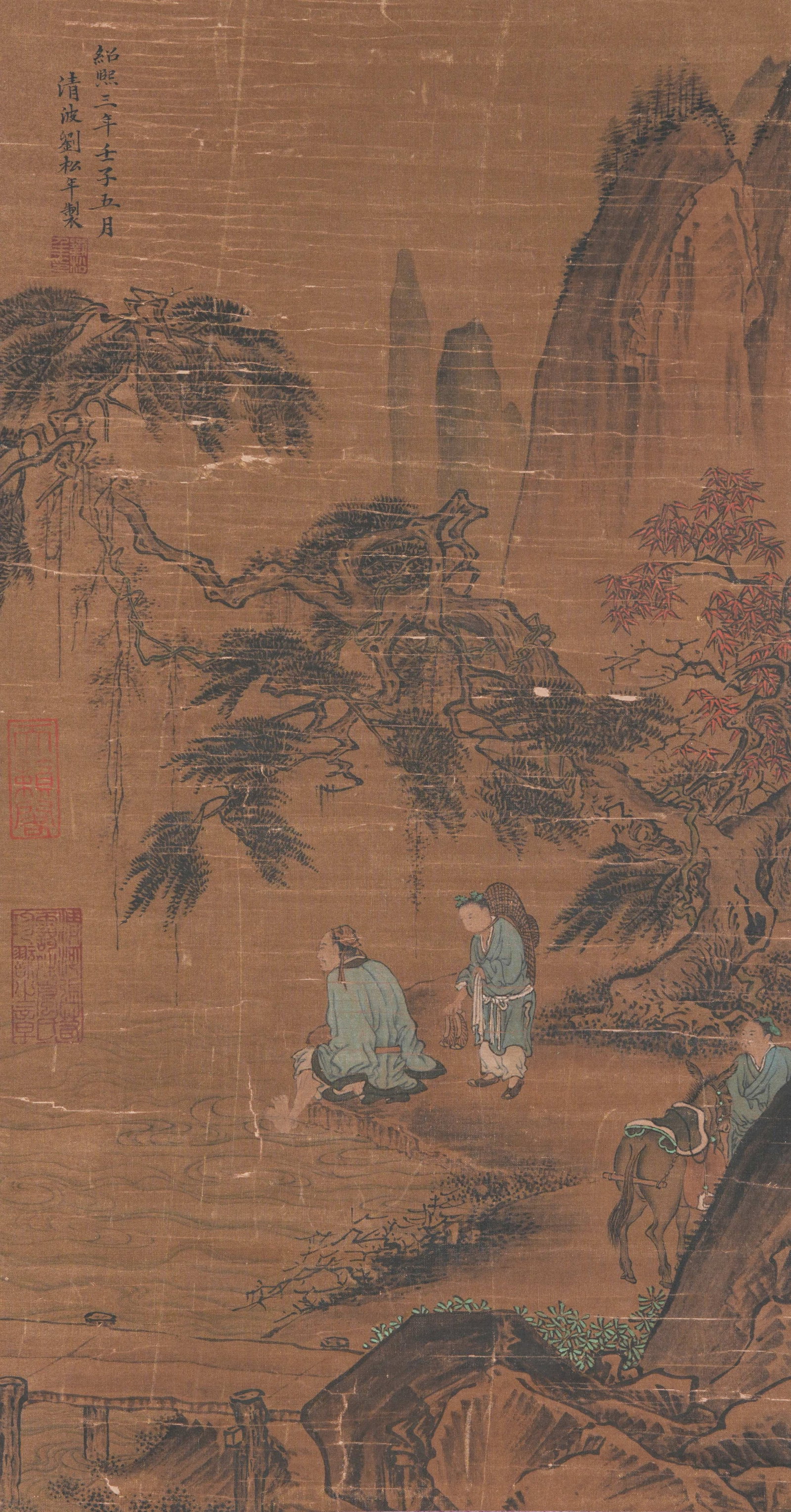 A LANDSCAPE AND FIGURE PAINTING ON SILK BY LIU SONGNIAN.劉松年: Landscape and Figure Painting on Silk by Liu Songnian.劉松年