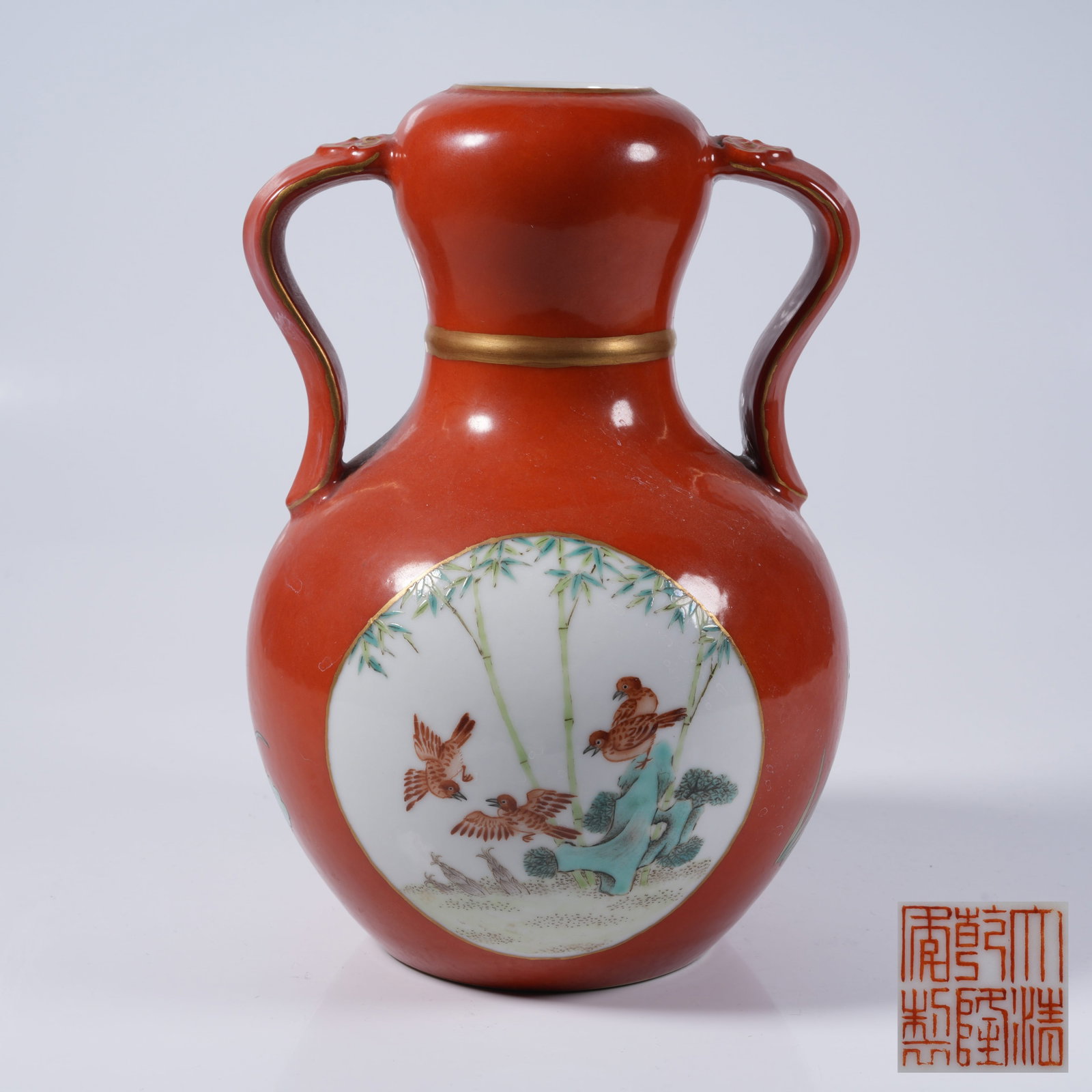 A VASE WITH RIBBON EARS AND FLOWER, BIRD AND ROCK PATTERN IN FAMILLE ROSE (1 of 10)