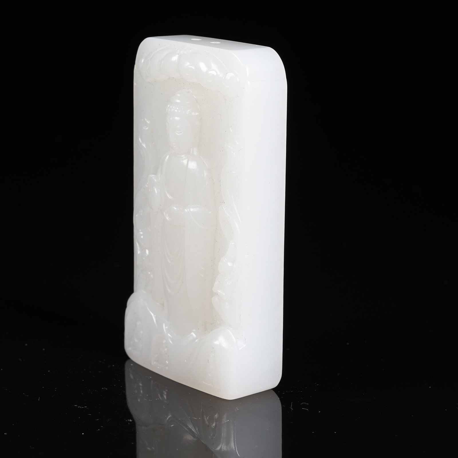 A WHITE HETIAN JADE BUDDHA PATTERN PLAQUE - 5