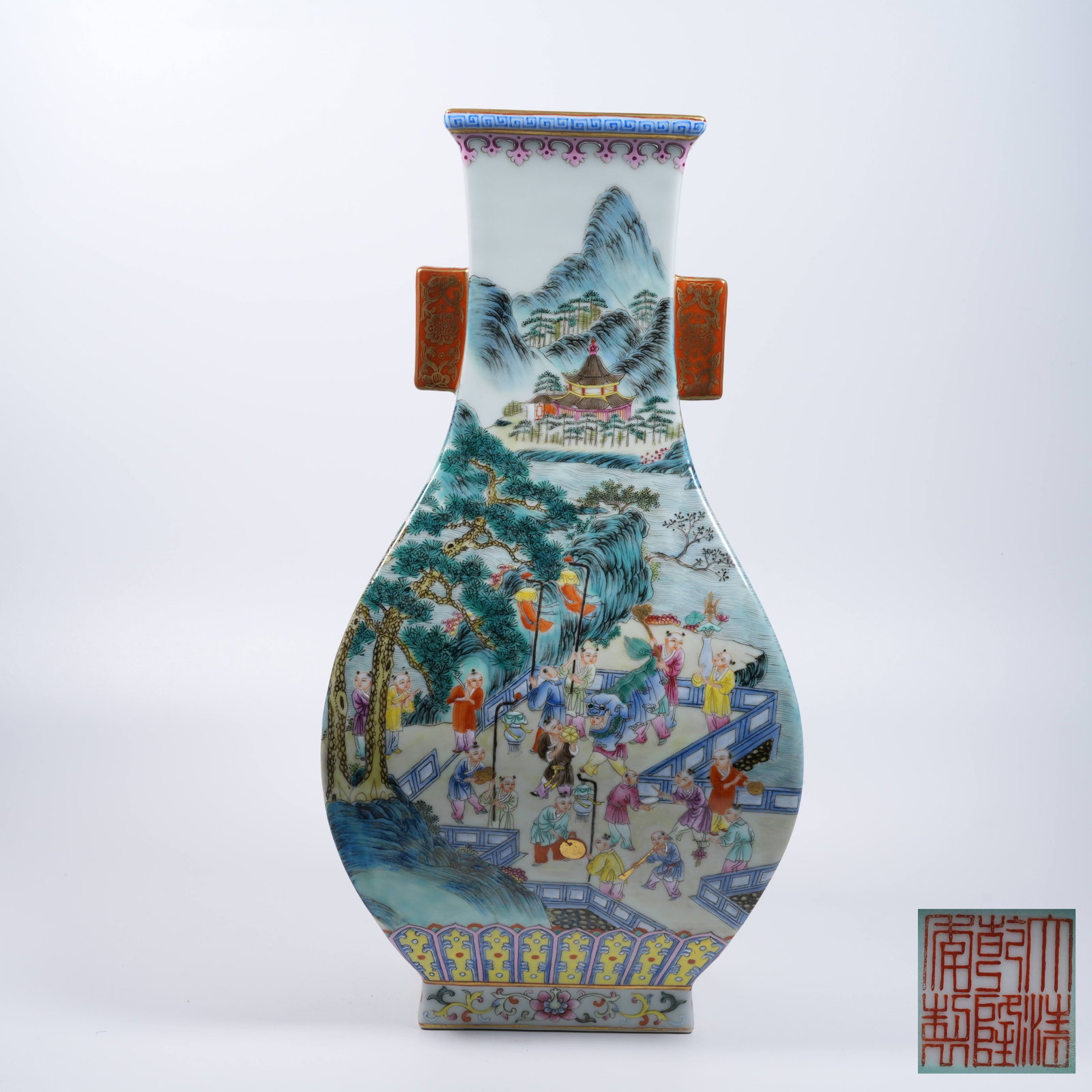 A FAMILLE ROSE ARROW EAR VASE WITH COURTYARD HUNDRED BOYS PLAYING PATTERN (1 of 10)