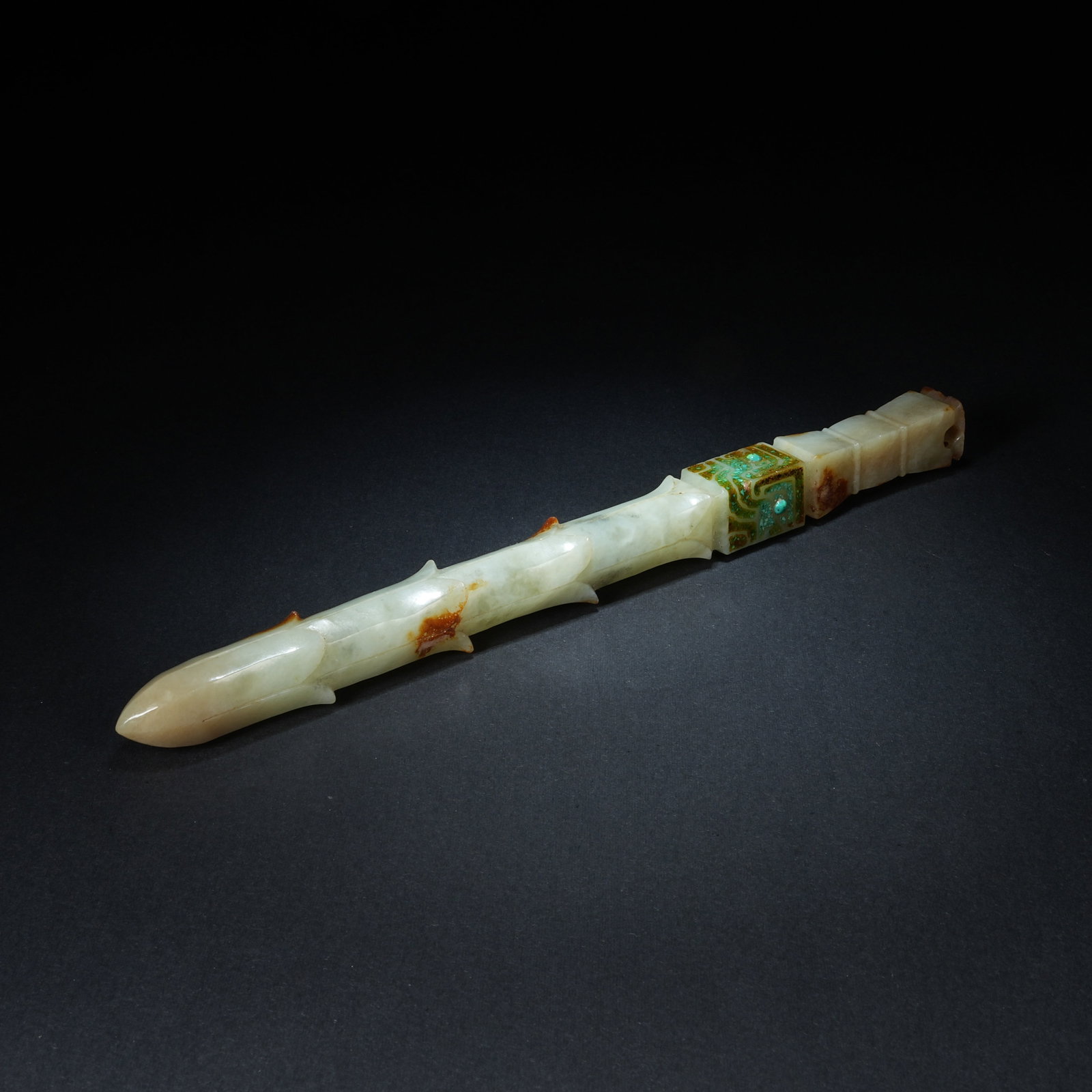 A ANCIENT JADE PINE-INLAID COLUMN-SHAPED VESSEL: Ancient Jade Pine-inlaid Column-shaped Vessel