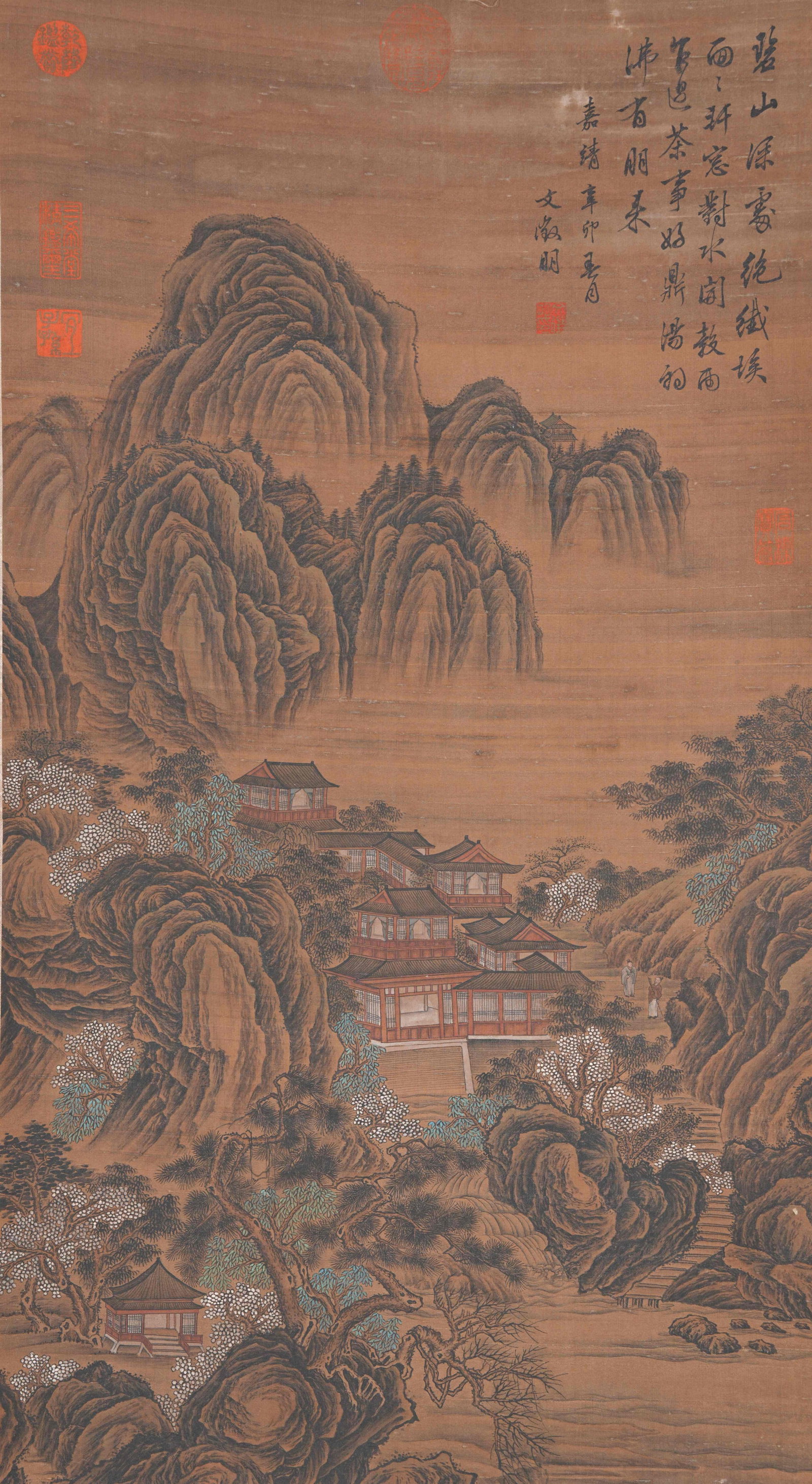 A LANDSCAPE AND PAVILION PAINTING ON SILK BY WEN ZHENGMING.文徵明 (1 of 11)