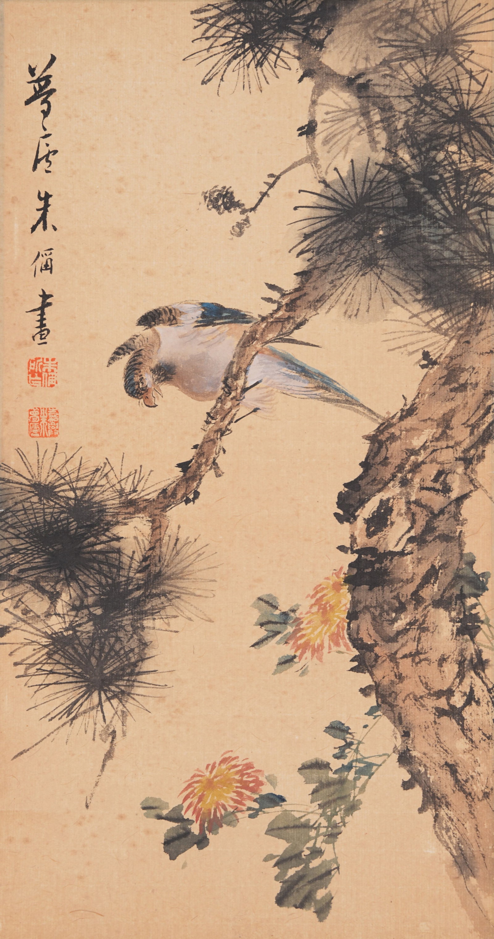 A FLOWER AND BIRD PAINTING ON PAPER BY ZHU CHENG.朱偁: Flower and Bird Painting on Paper by Zhu Cheng.朱偁