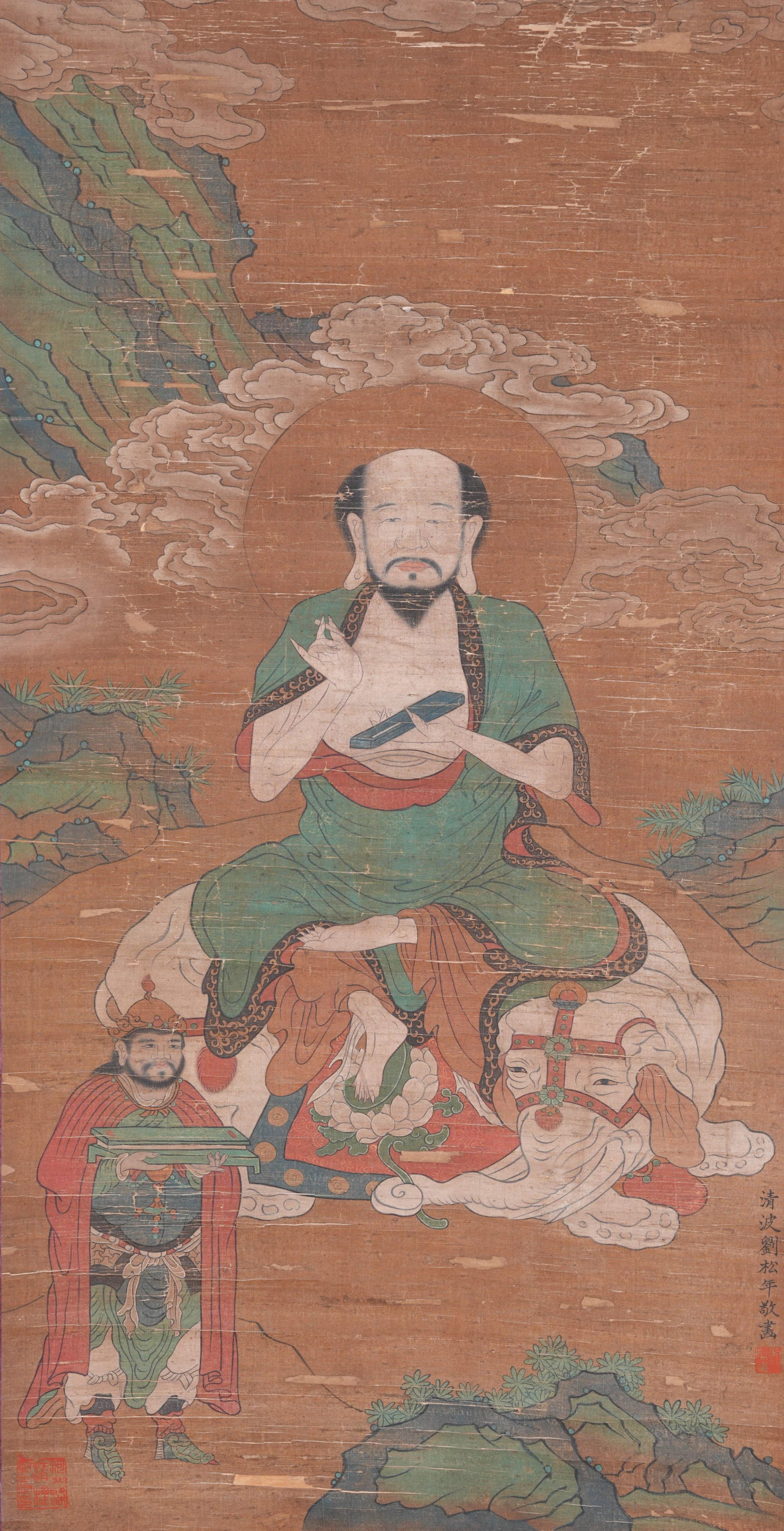 A ARHAT PAINTING ON SILK BY LIU SONGNIAN.劉松年: Arhat Painting on Silk by Liu Songnian.劉松年