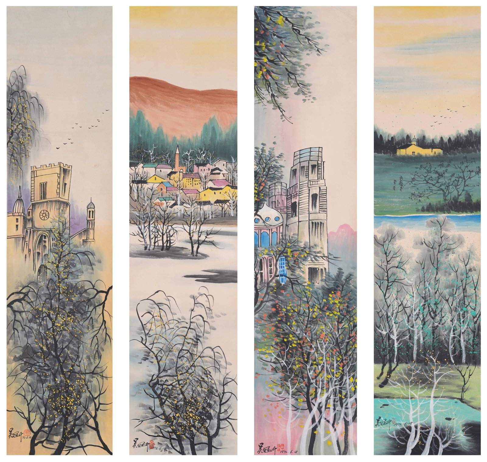 A LANDSCAPE PAINTING ON PAPER BY WU GUANZHONG (4 PIECES).吳冠中: Landscape Painting on Paper by Wu Guanzhong (4 Pieces).吳冠中