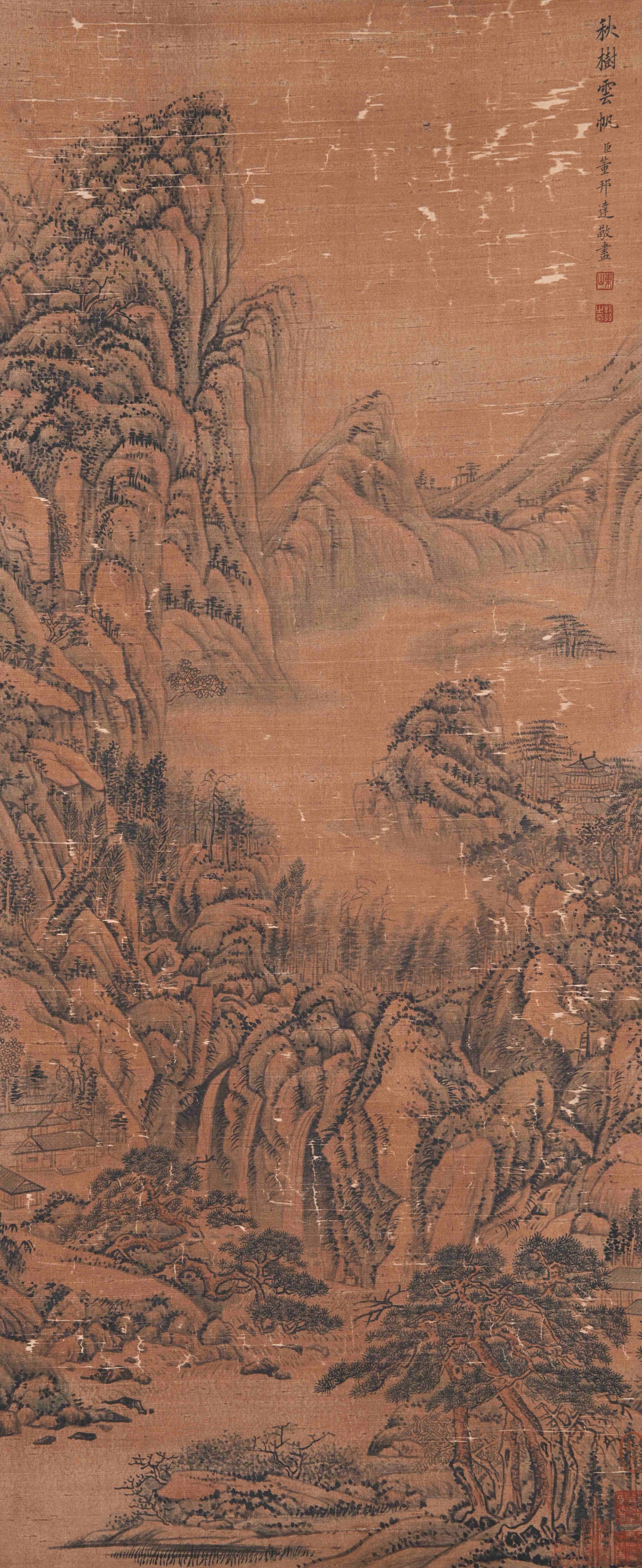 A LANDSCAPE PAINTING ON SILK BY DONG BANGDA.董邦達: Landscape Painting on Silk by Dong Bangda.董邦達