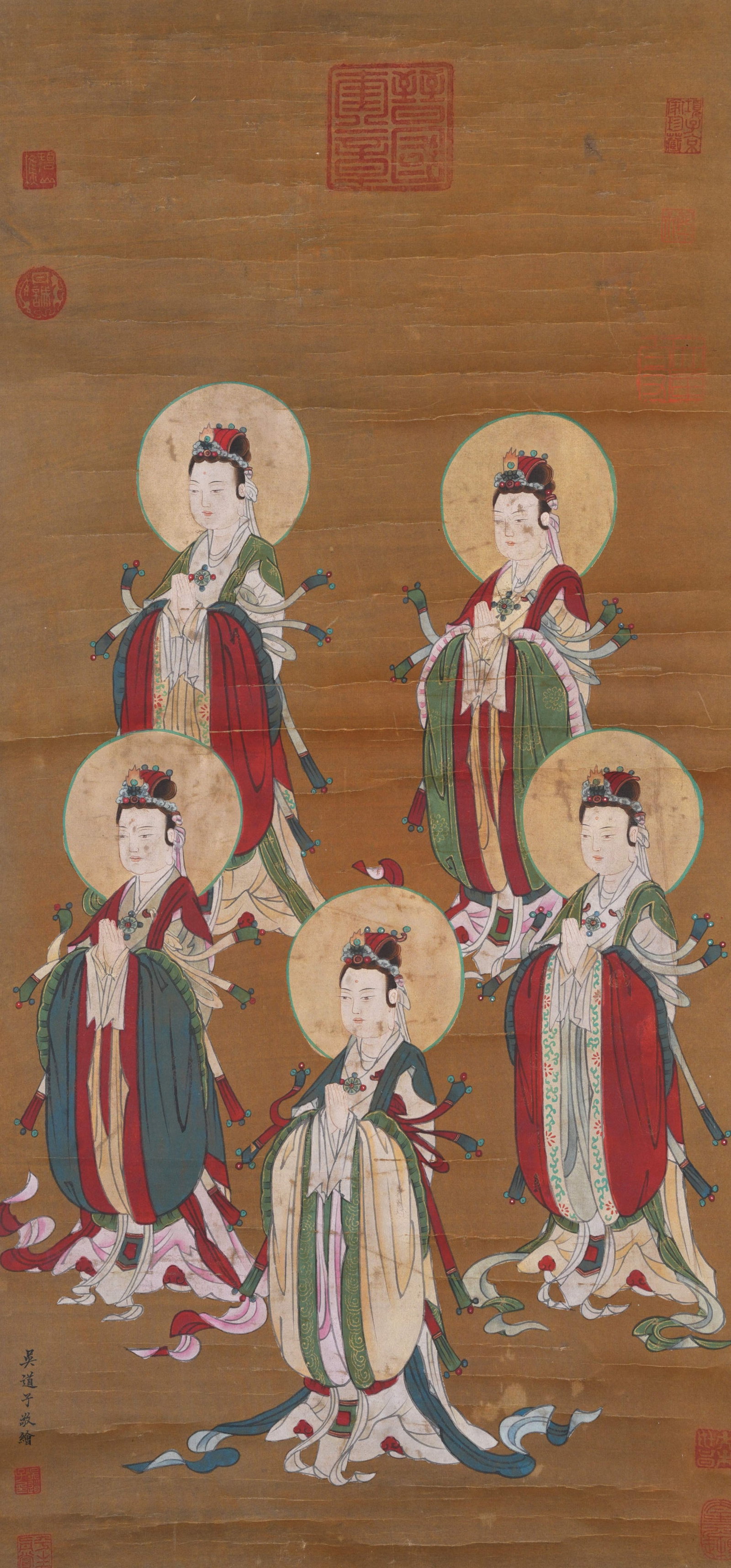 A GUANYIN PAINTING ON SILK BY WU DAOZI.吳道子: Guanyin Painting on Silk by Wu Daozi.吳道子