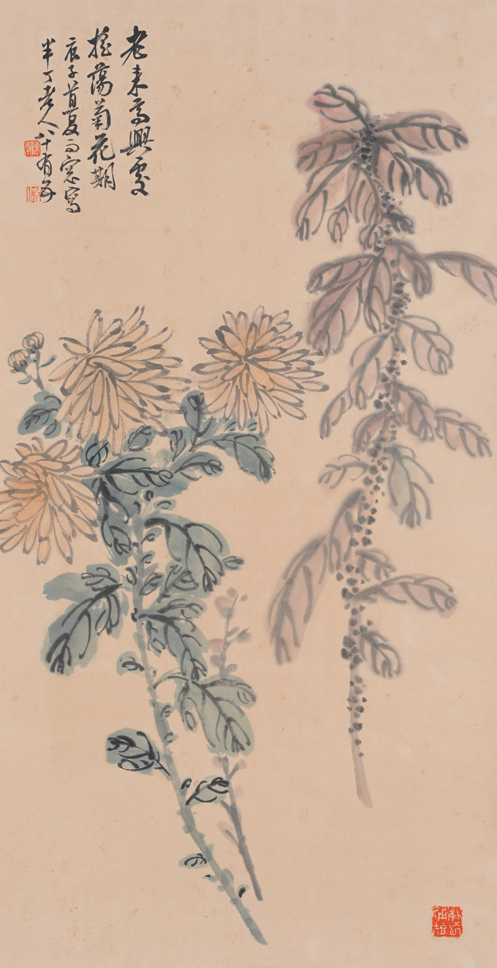 A FLORAL PAINTING ON PAPER BY CHEN BANDING.陳半丁: Floral Painting on Paper by Chen Banding.陳半丁