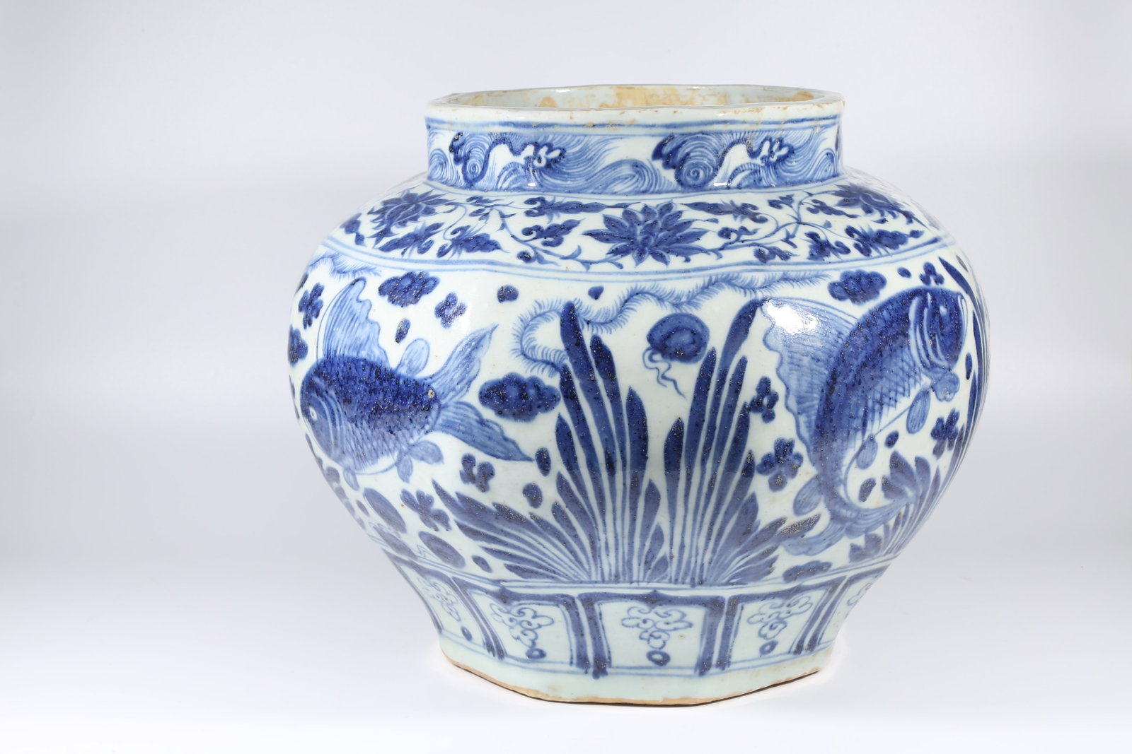 A BLUE AND WHITE FISH AND ALGAE PATTERN OCTAGONAL JAR - 7