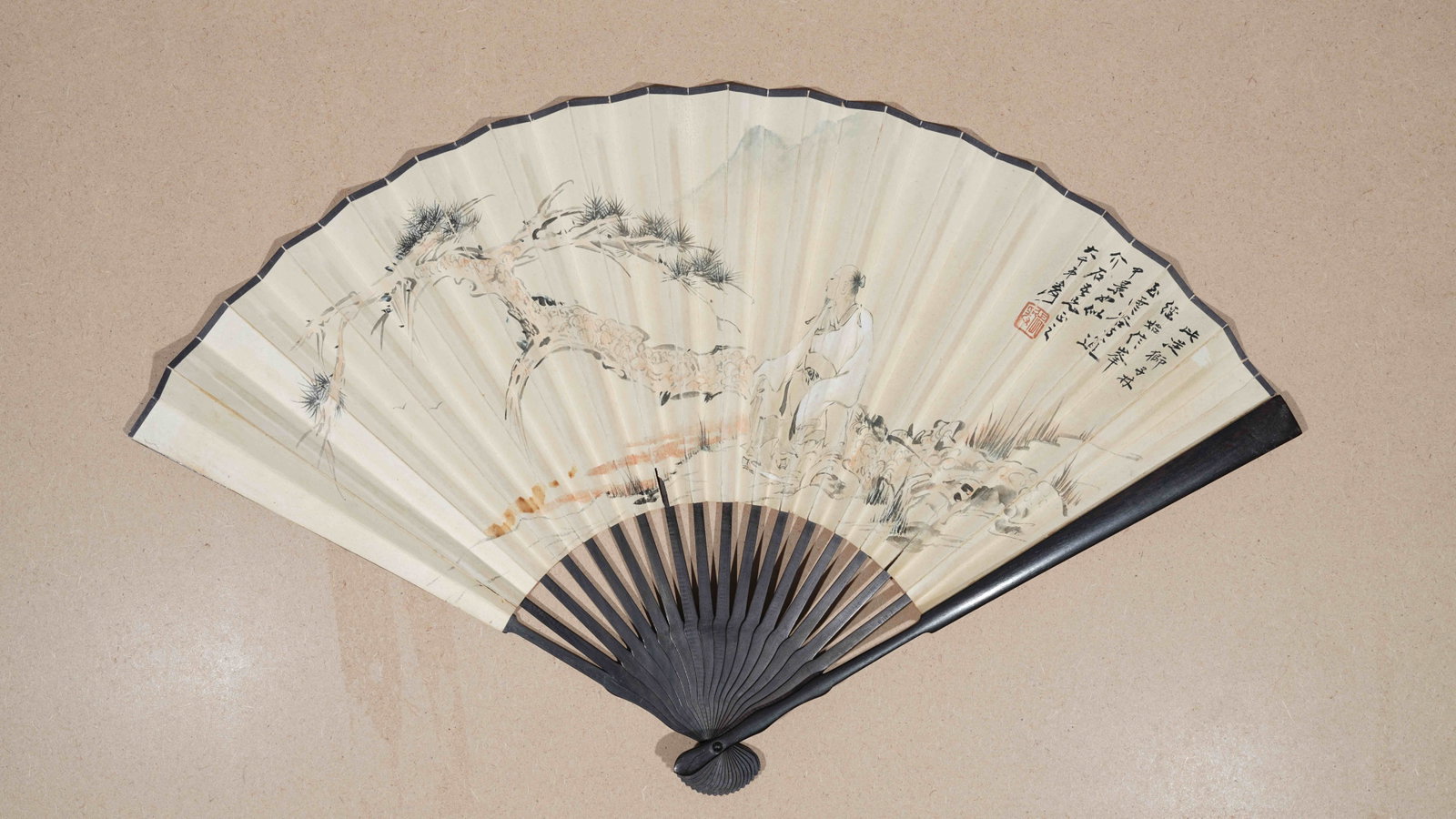 A SCHOLAR FIGURE PAINTING ON PAPER, FOLDING FAN, BY ZHANG DAQIAN.張大千 (1 of 10)