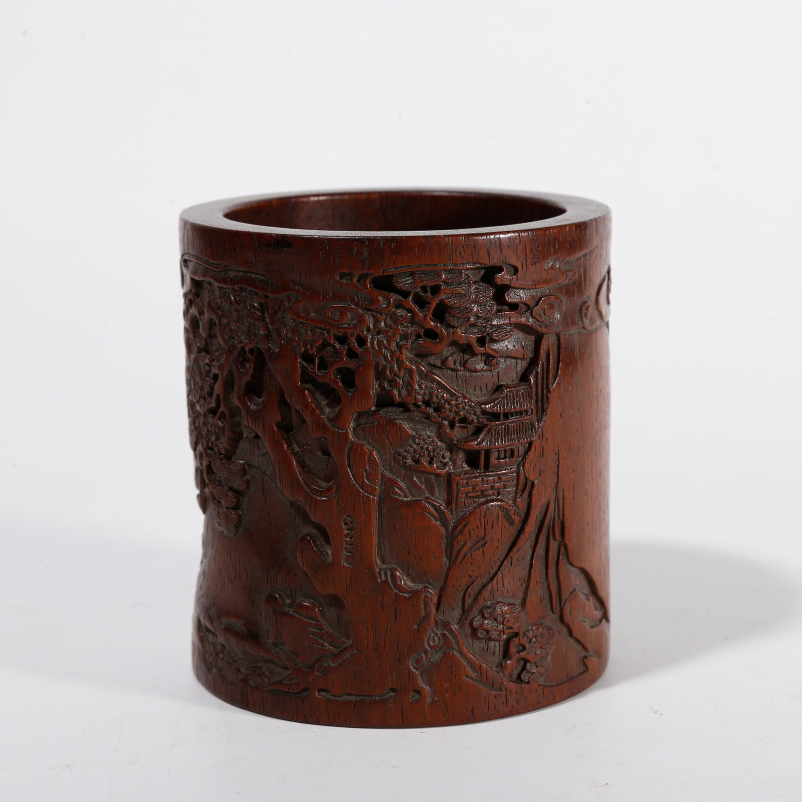 A HUANGHUALI WOOD BRUSH POT CARVED WITH LANDSCAPE PATTERNS (1 of 9)