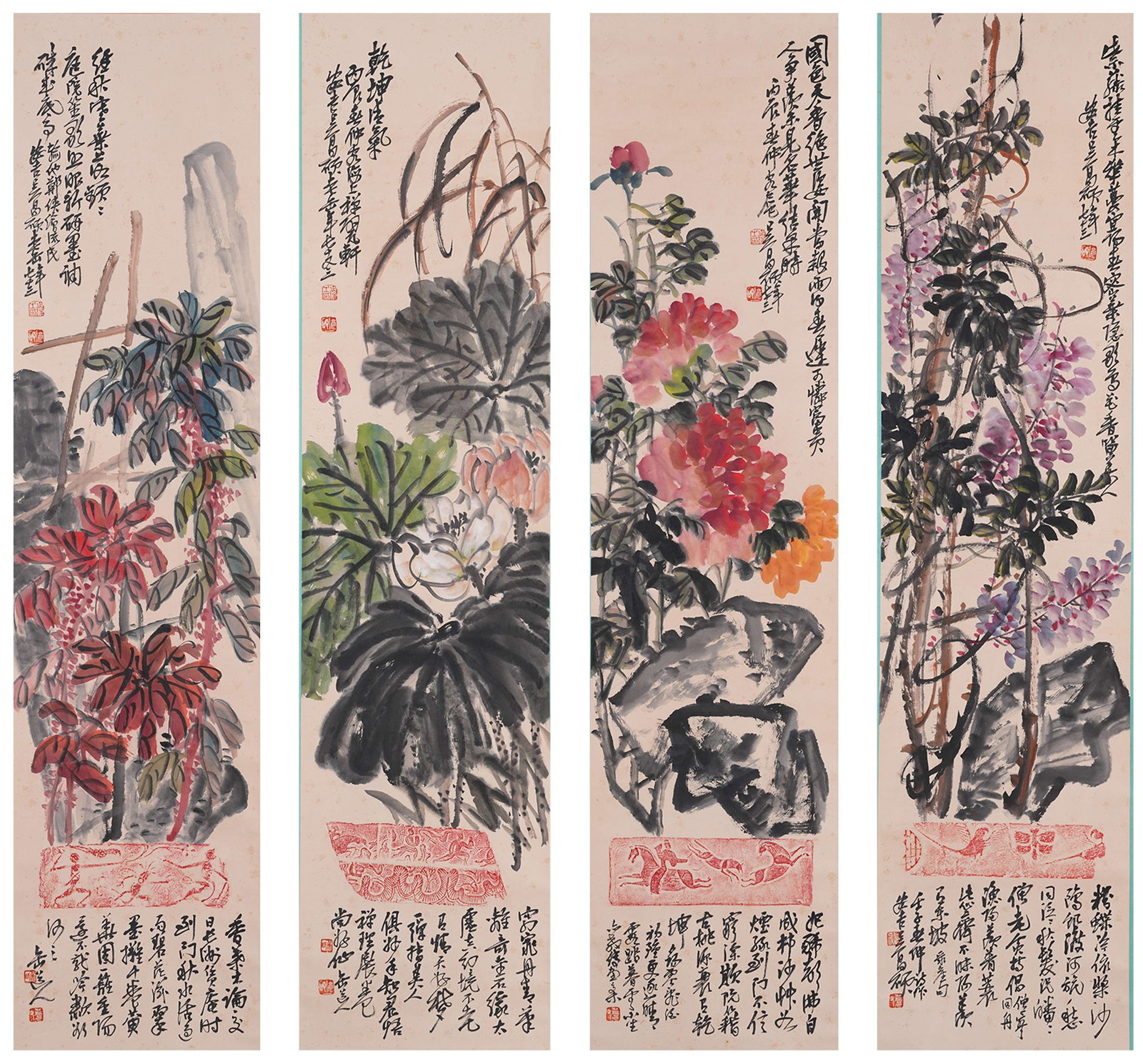 A FLOWER PAINTINGS ON PAPER BY WU CHANGSHUO (4 PIECES).吳昌碩: Flower Paintings on Paper by Wu Changshuo (4 pieces).吳昌碩