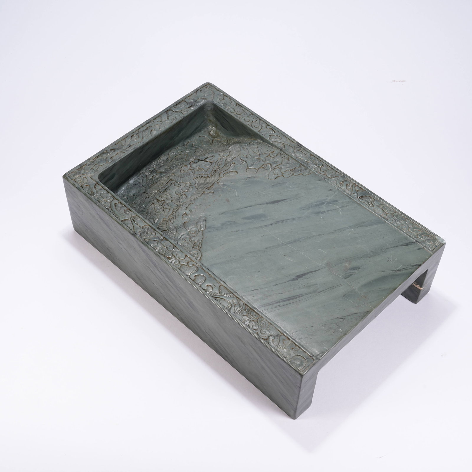 A GREEN DUAN INK SLAB WITH SIDE HANDLES: Green Duan Ink Slab with Side Handles