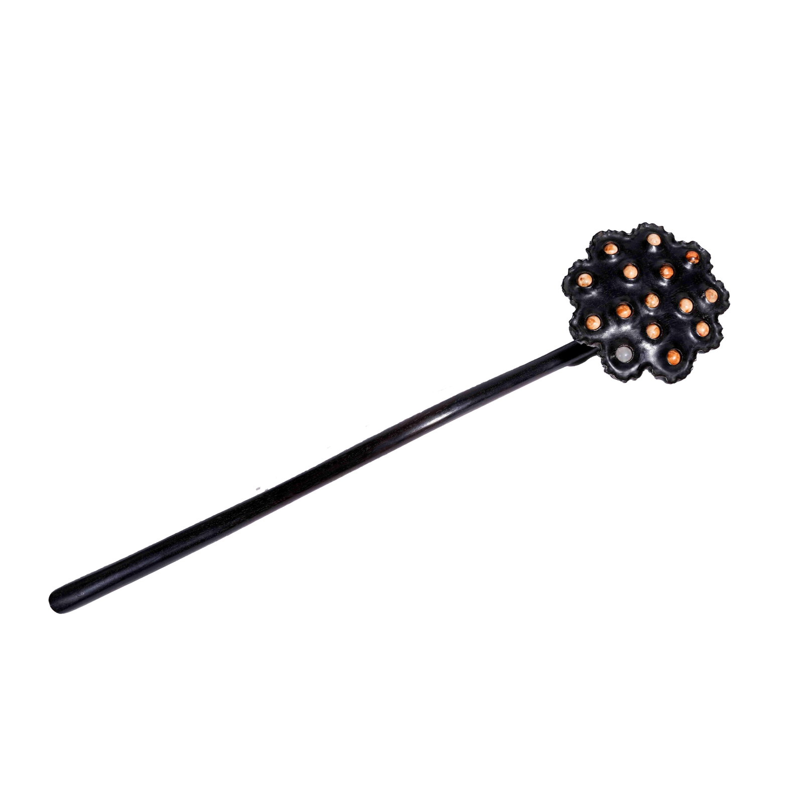 RED SANDALWOOD CARVED RUYI WITH LOTUS SEED POD MOTIFS, QING DYNASTY: This ruyi scepter is carved from a single piece of red sandalwood. Its head is crafted into a bionic lotus seed pod shape with naturally undulating petal edges and scattered seed cavities. One seed wa