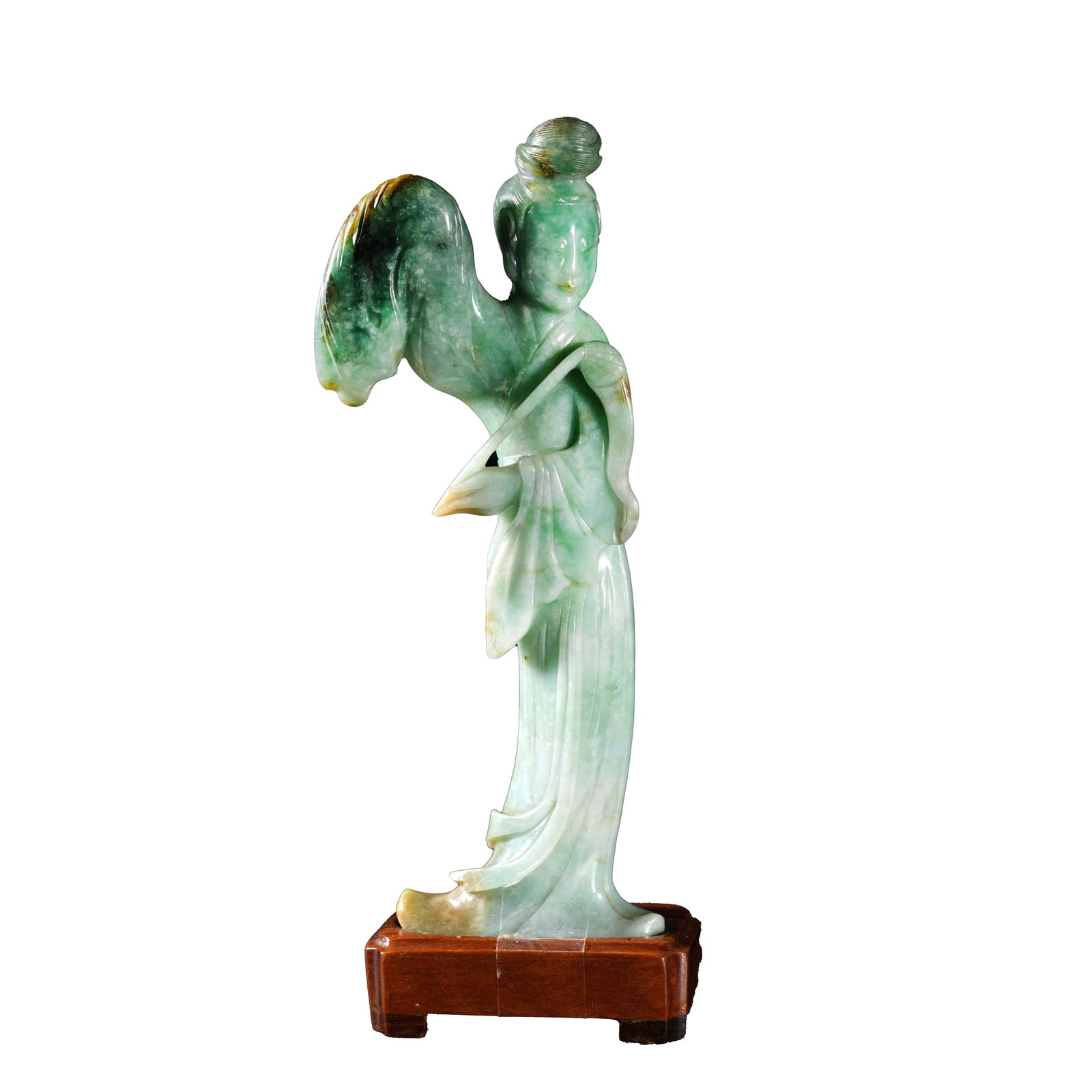 JADEITE ORNAMENT OF COURT LADY, QING DYNASTY: The jadeite is translucent with soft and elegant emerald green tone. The slender and graceful lady figure features flowing, ethereal robes rendered in smooth, unrestrained lines, paired with a gentle 