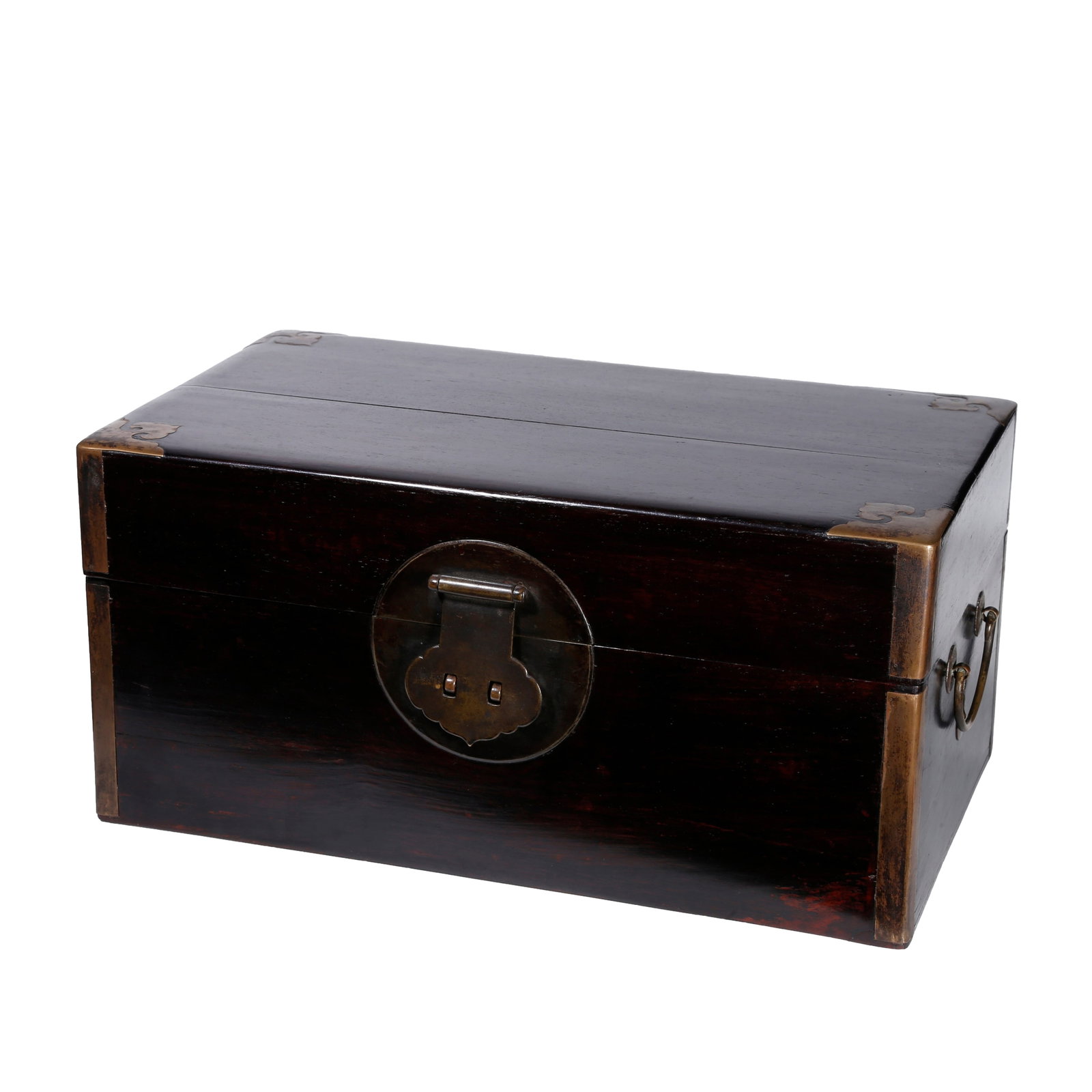 RECTANGULAR RED SANDALWOOD CHEST WITH BRONZE REINFORCED CORNERS, QING DYNASTY: This is a Qing Dynasty zitan wood scholar's storage box crafted from premium zitan timber with solid dense texture, solemn glossy color and rich aged patina that exudes the unique nobility of zitan wo
