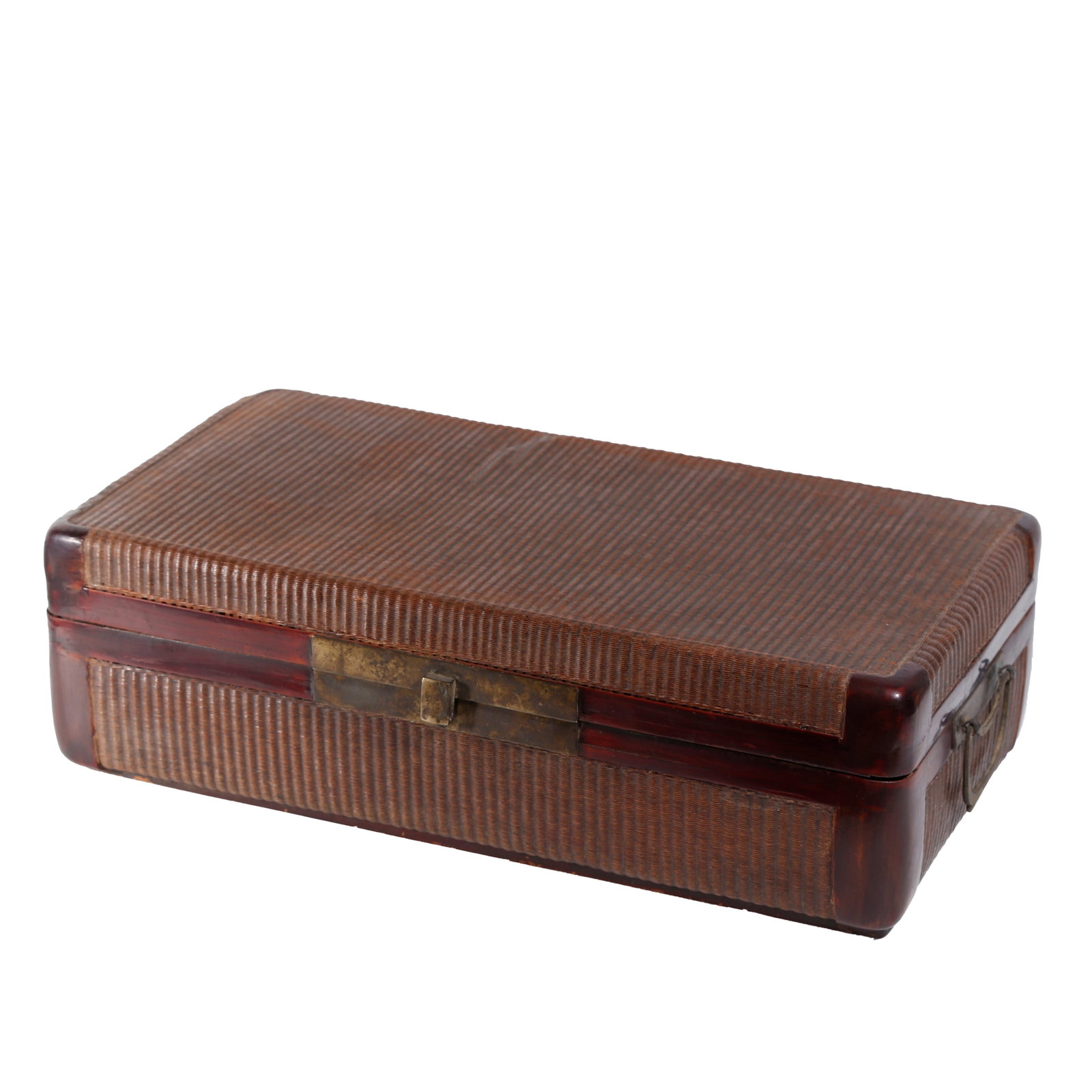RECTANGULAR SCHOLAR'S BOX WOVEN OF BAMBOO FILAMENTS, QING DYNASTY: This rectangular bamboo filament woven scholar's box dates from the Qing Dynasty. Its body is woven from fine bamboo filaments with tight, uniform texture. Redwood inlays reinforce the corners and rim