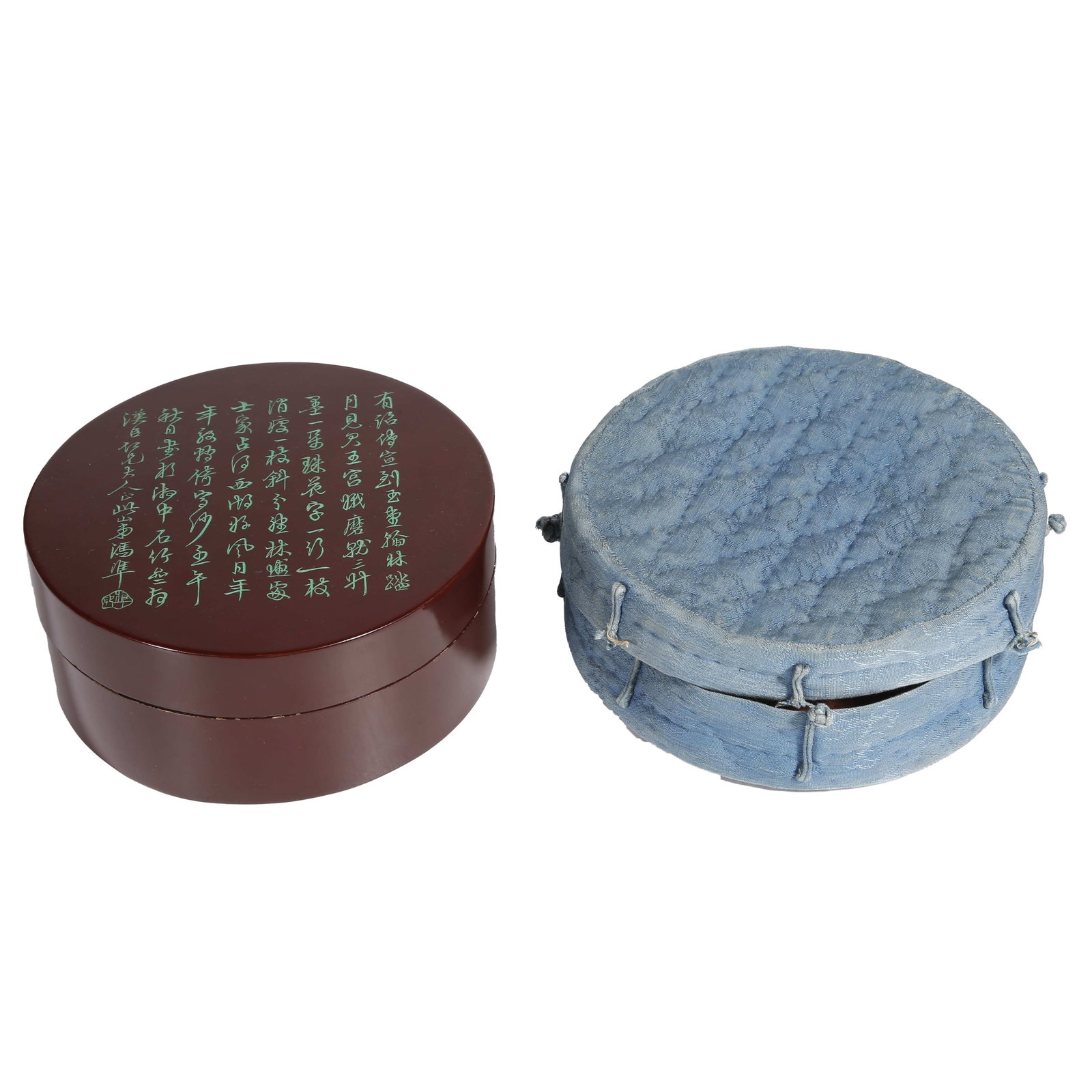 ROUND LACQUER BOX SHALLOWLY ENGRAVED AND FILLED WITH GREEN PIGMENT, INSCRIBED WITH HUAISU'S POEMS,: This is a literati lacquer box of the Qing Dynasty finished with polished crimson lacquer and shaped in neat proportions. The lid bears shallowly carved running script verses in praise of Huaisu fille