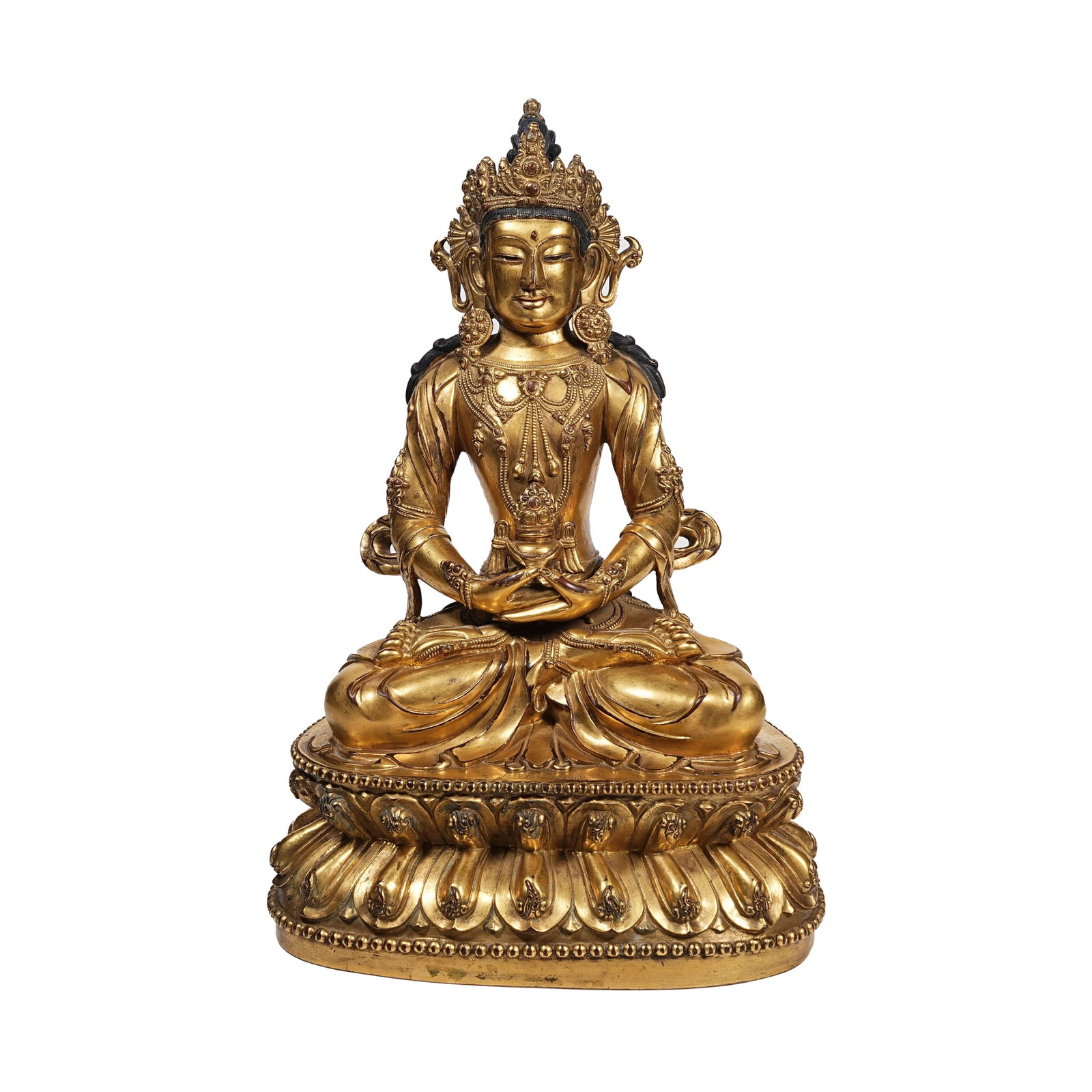 GILT BRONZE STATUE OF AMITAYUS, QING DYNASTY: Gilt Bronze Statue of Amitayus Buddha, Qing Dynasty, covered with full and thick gilding. The ornate jeweled crown is exquisitely crafted, paired with a compassionate and gentle facial expression. The