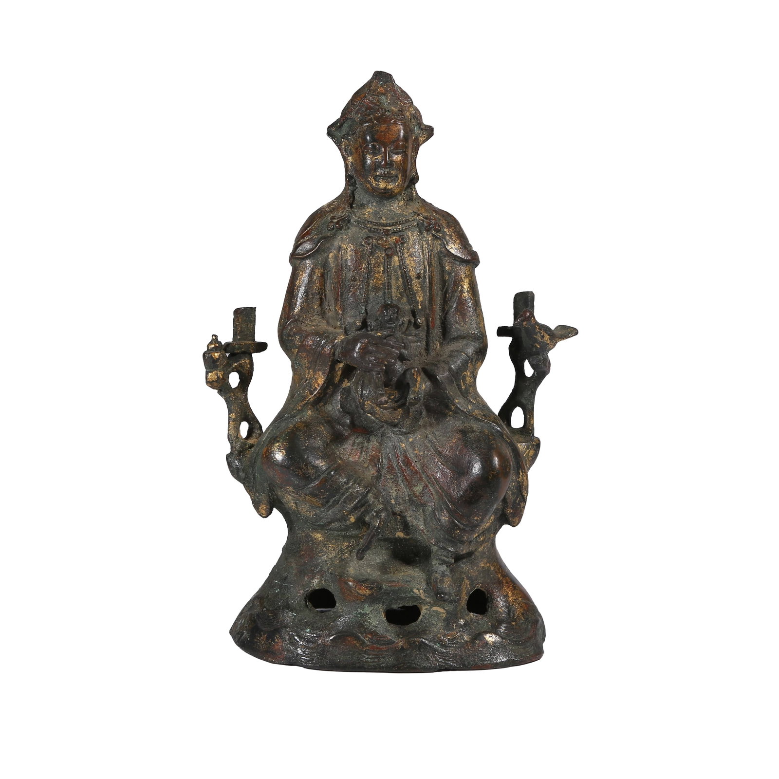 LACQUERED GILT BRONZE STATUE OF CHILD-GIVING GUANYIN, MING DYNASTY: This is a typical bronze lacquered-gilt seated statue of Child-Giving Guanyin from the Ming Dynasty. The Bodhisattva sits in a relaxed posture holding a young boy, with a pure vase and auspicious bird