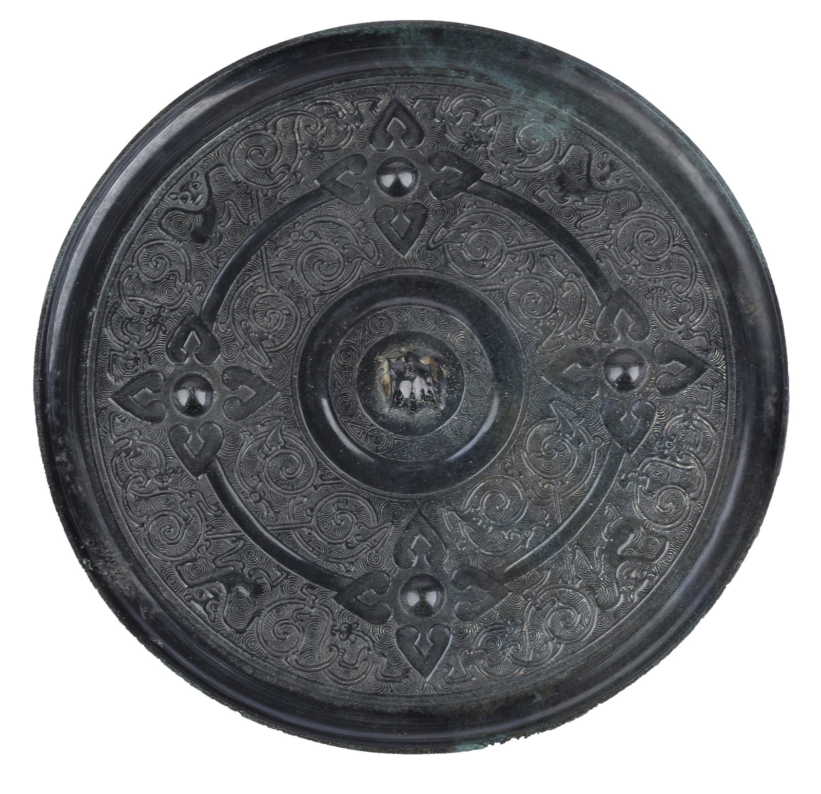 BRONZE MIRROR WITH FOUR NIPPLES AND KUI DRAGON PATTERNS, HAN DYNASTY (1 of 7)