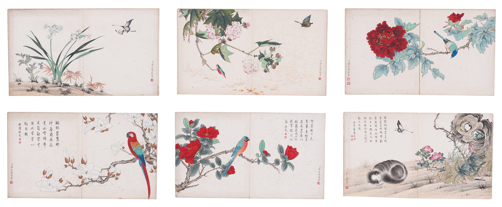 LOOSE ALBUM WITH SIX LEAVES OF ASSORTED FLOWER-AND-BIRD PAINTINGS BY JIANG TINGXI, QING DYNASTY (1 of 8)