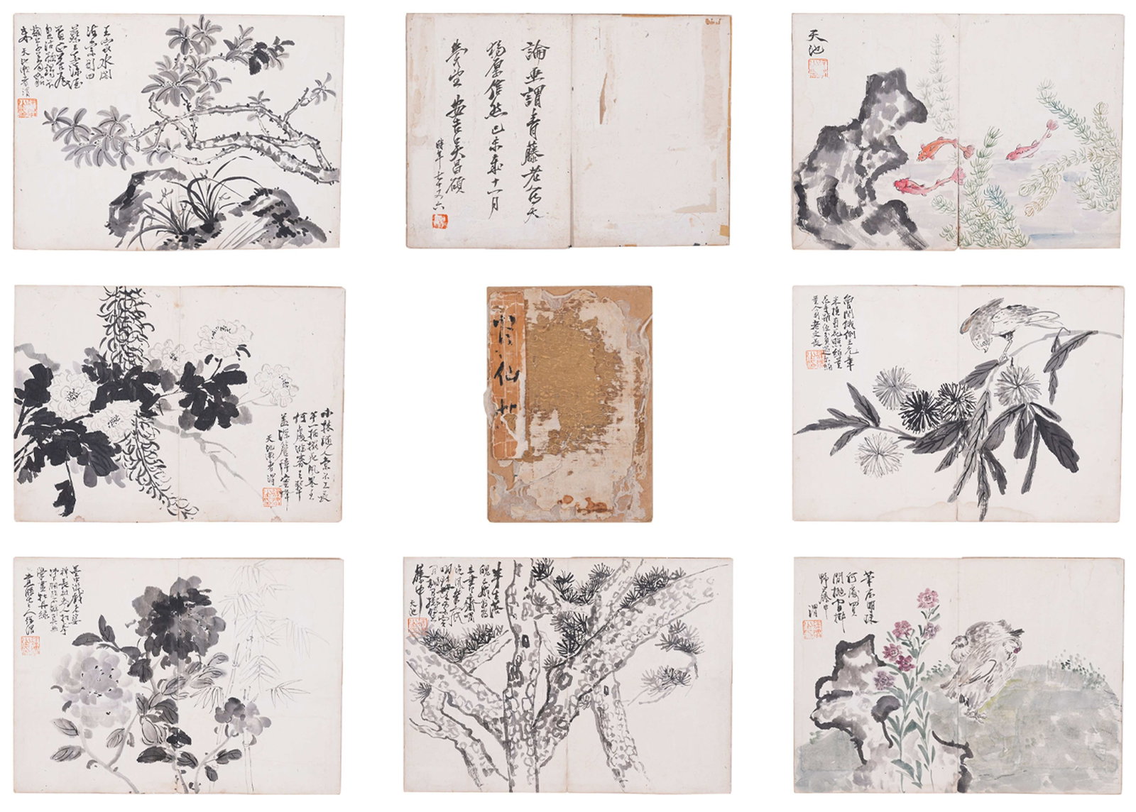 LANDSCAPE AND FLOWER-AND-BIRD ALBUM BY XU WEI (TIANCHI), MING DYNASTY, INNER TITLE PAGE INSCRIBED BY: This album consists of eleven leaves, a mixed album of flowers and landscapes by Xu Wei (art names Tianchi and Hermit of Tianchi), the master of freehand painting in the Ming Dynasty. The aged antique